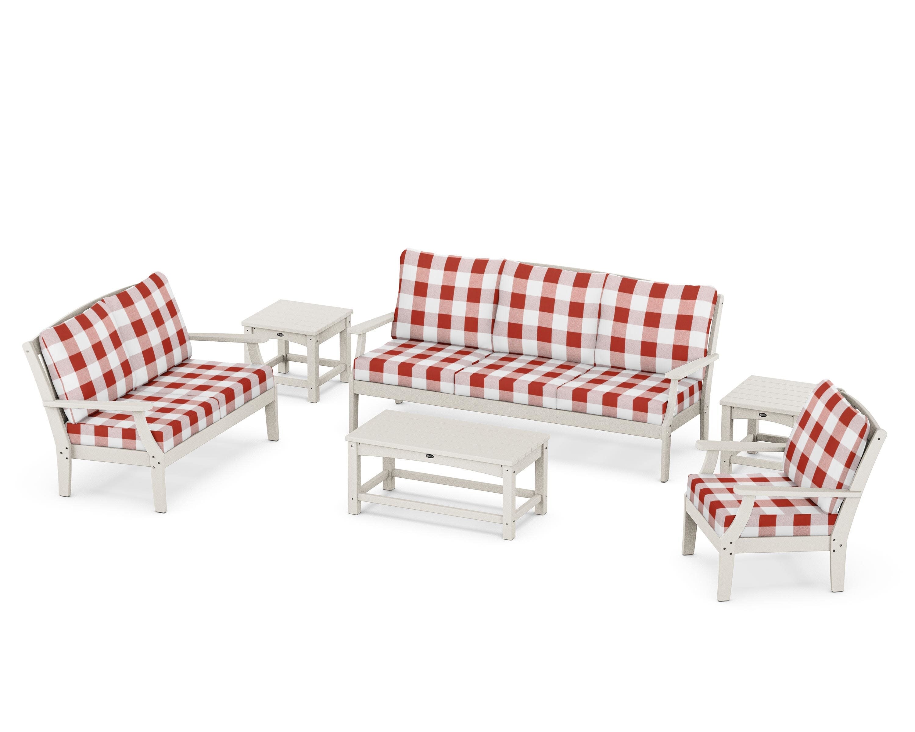 Yacht Club 6-Piece Deep Seating Set in Sand Castle / Buffalo Plaid Crimson