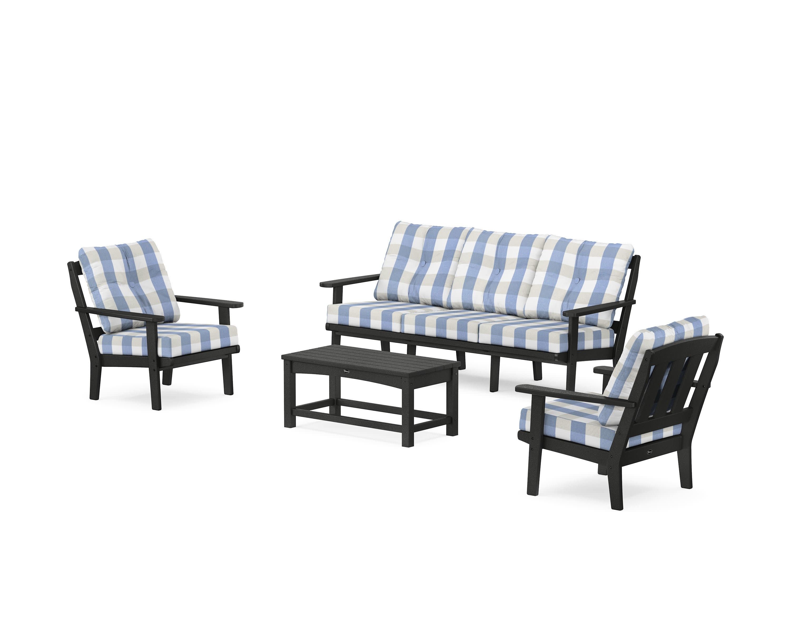 Cape Cod 4-Piece Deep Seating Set with Sofa in Charcoal Black / Buffalo Plaid Sky Blue