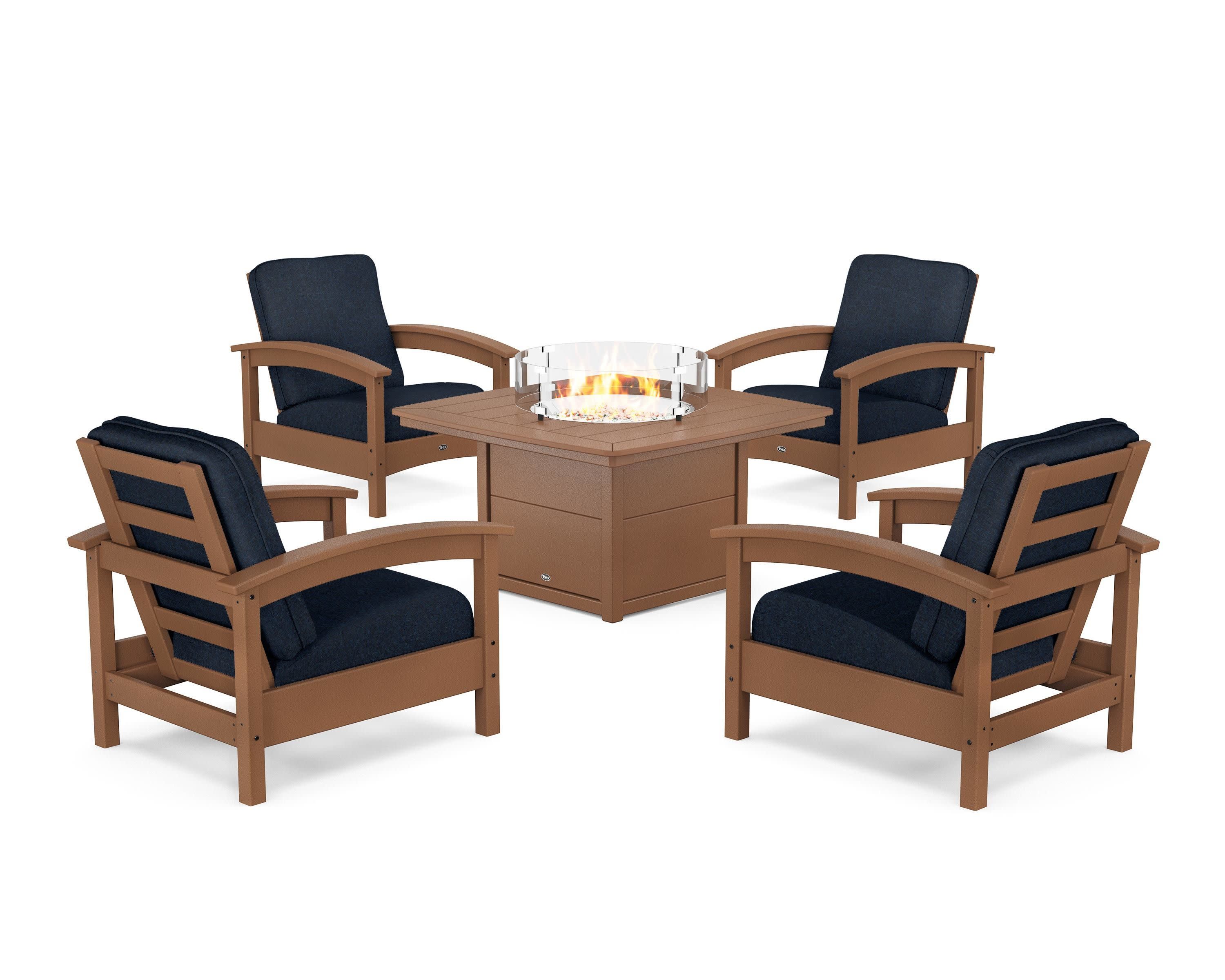 Rockport 5-Piece Deep Seating Set with Yacht Club Fire Pit Table in Tree House / Marine Indigo