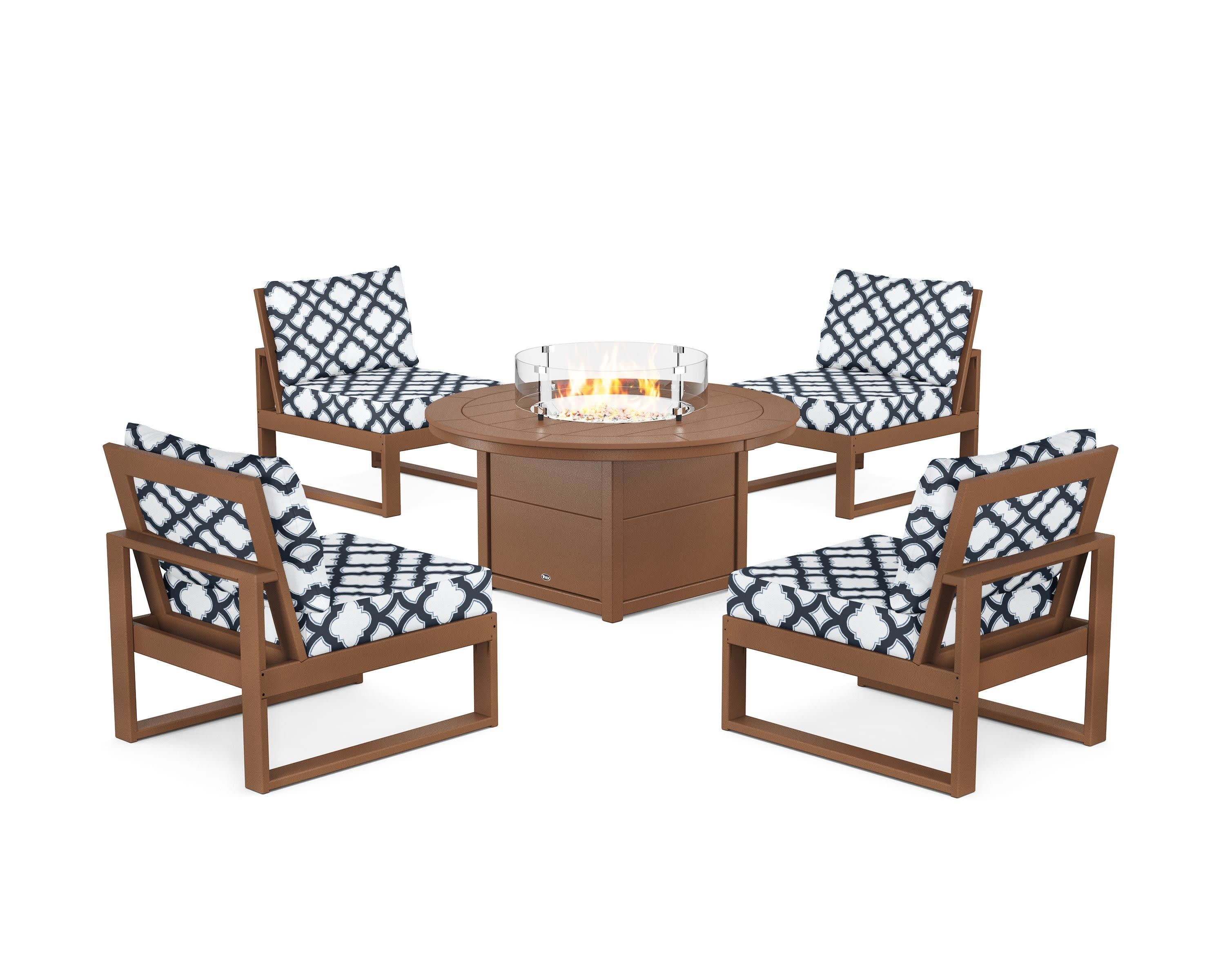 Eastport Modular 5-Piece Deep Seating Set with Round Fire Pit Table in Tree House / Trellis Marine Indigo