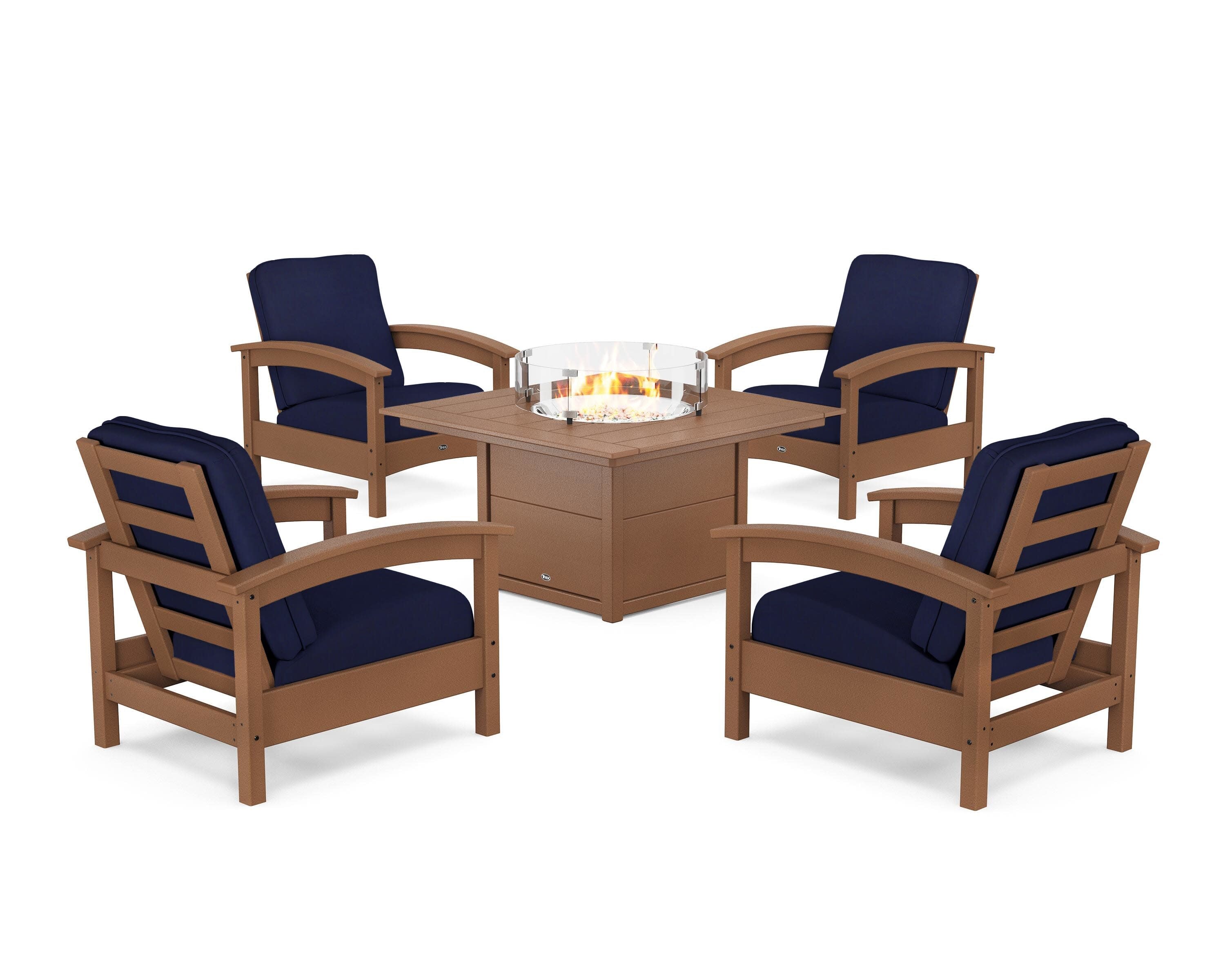 Rockport 5-Piece Deep Seating Set with Square Fire Pit Table in Tree House / Navy