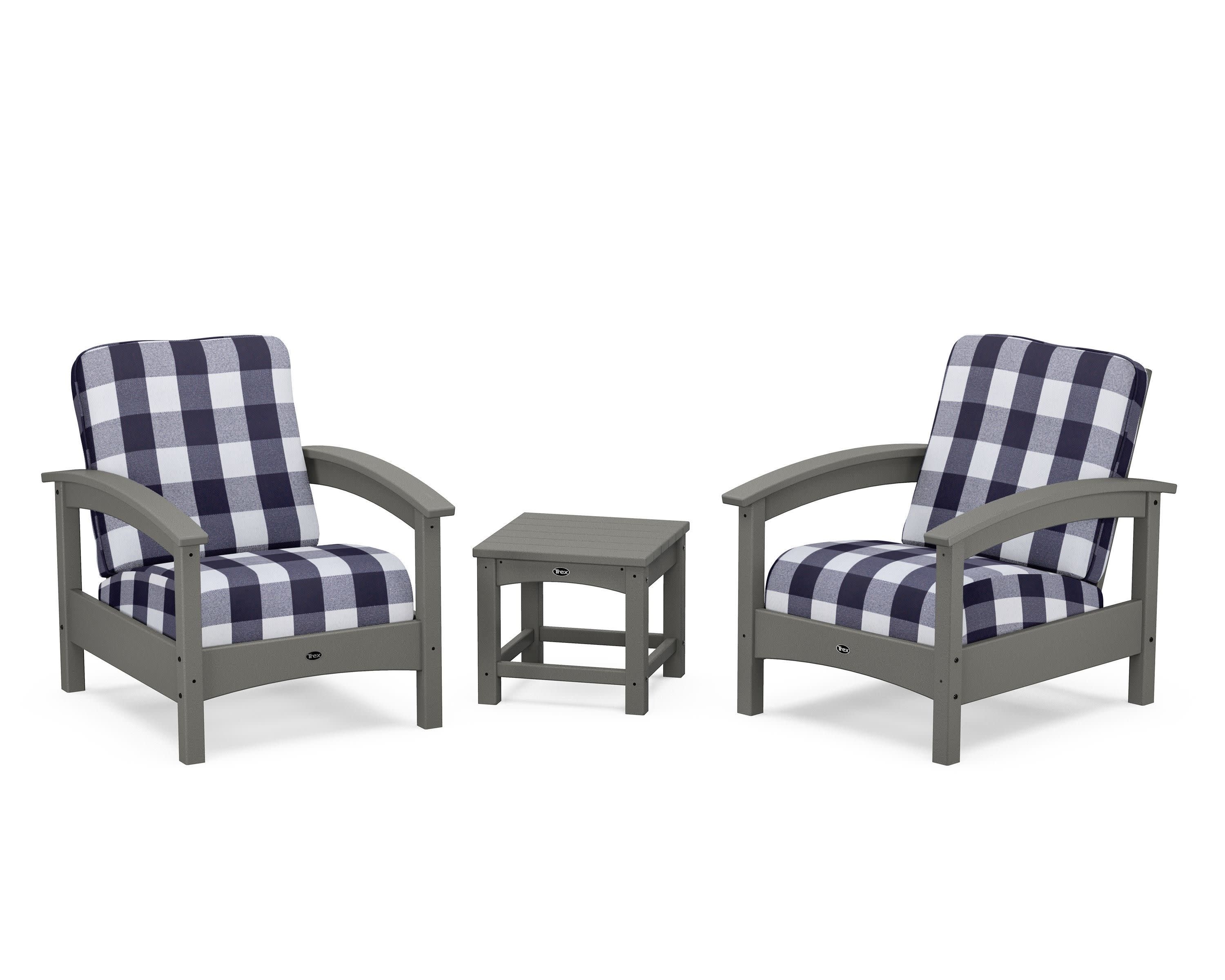 Rockport Club 3-Piece Deep Seating Conversation Set in Stepping Stone / Buffalo Plaid Navy