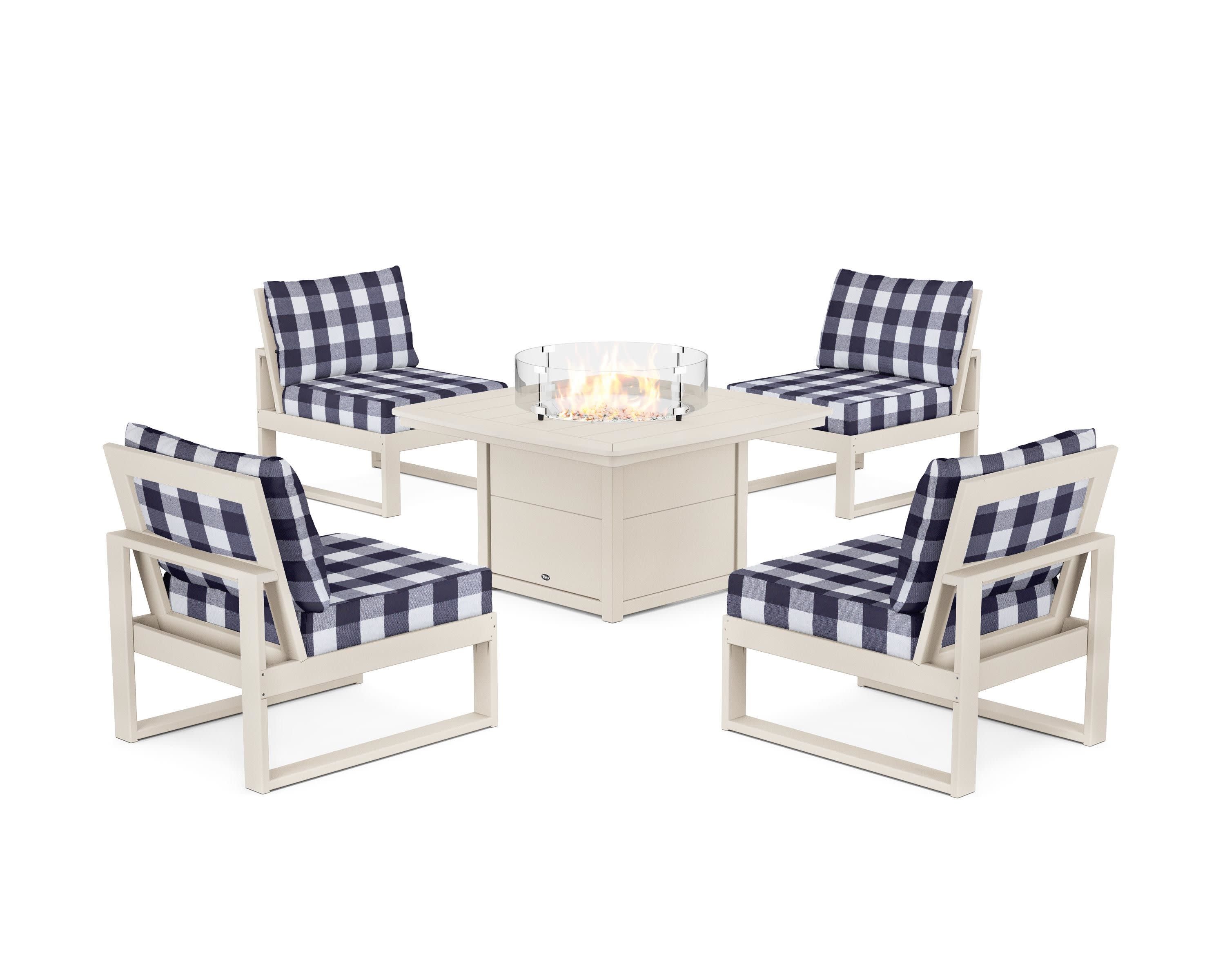 Eastport Modular 5-Piece Deep Seating Set with Yacht Club Fire Pit Table in Sand Castle / Buffalo Plaid Navy