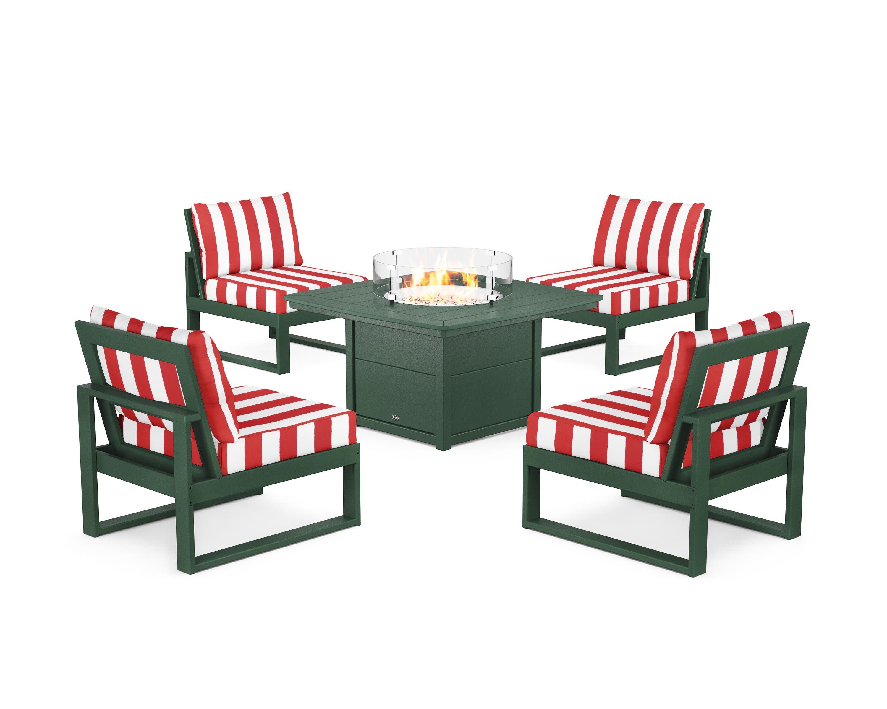 Eastport Modular 5-Piece Deep Seating Set with Yacht Club Fire Pit Table in Rainforest Canopy / Cabana Stripe Crimson