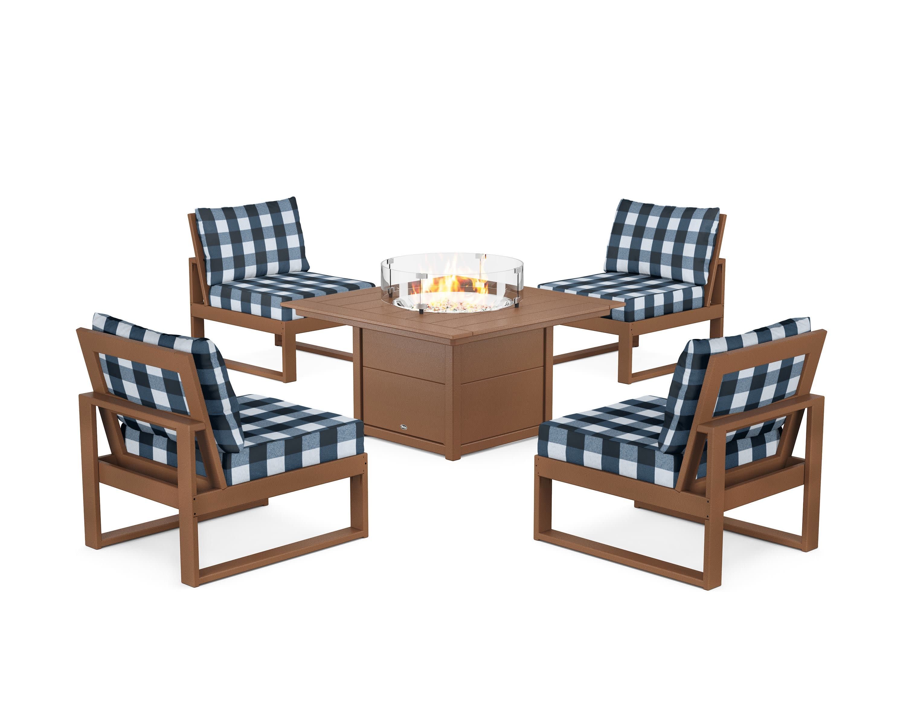 Eastport Modular 5-Piece Deep Seating Set with Square Fire Pit Table in Tree House / Buffalo Plaid Marine Indigo
