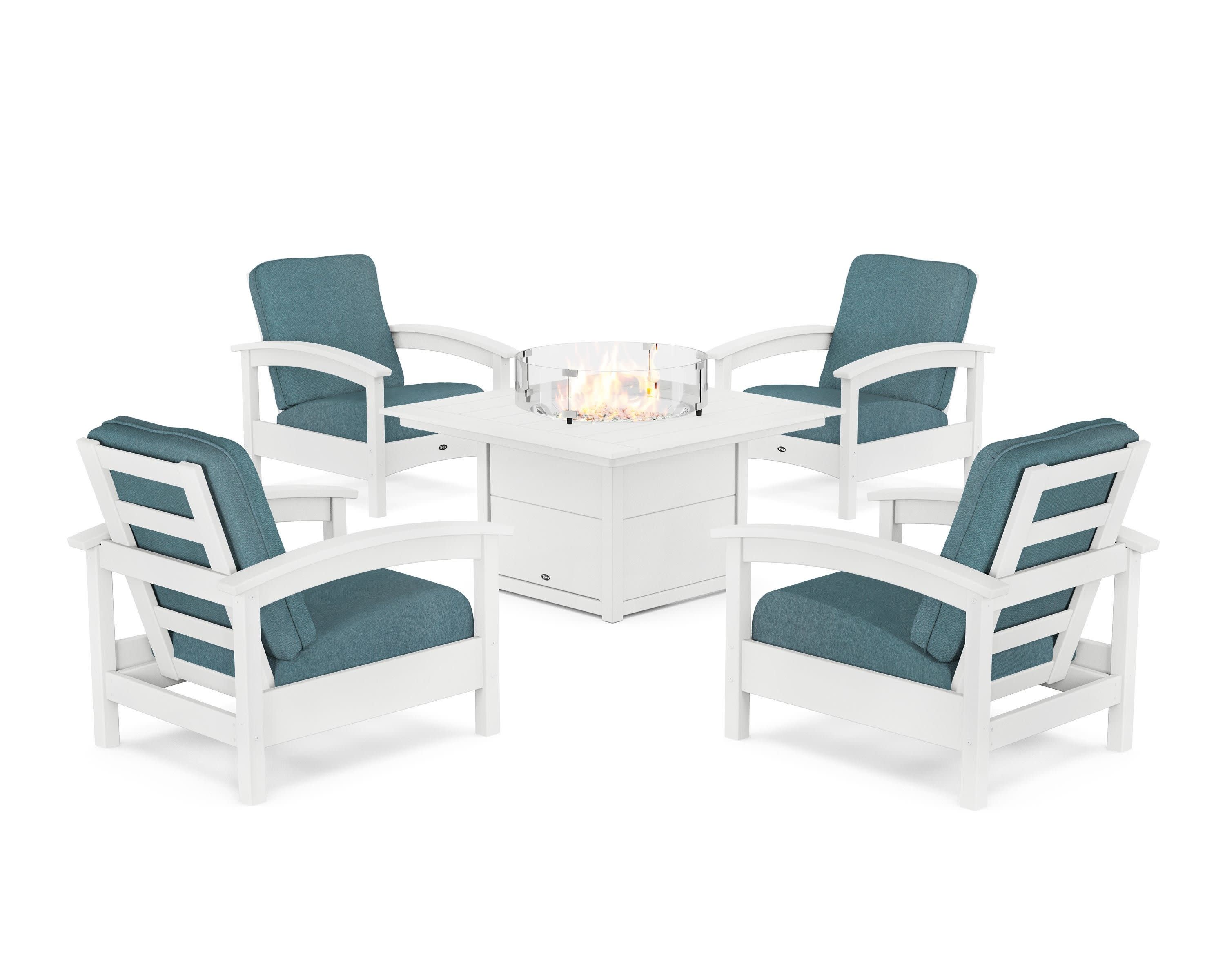 Rockport 5-Piece Deep Seating Set with Square Fire Pit Table in Classic White / Ocean Teal