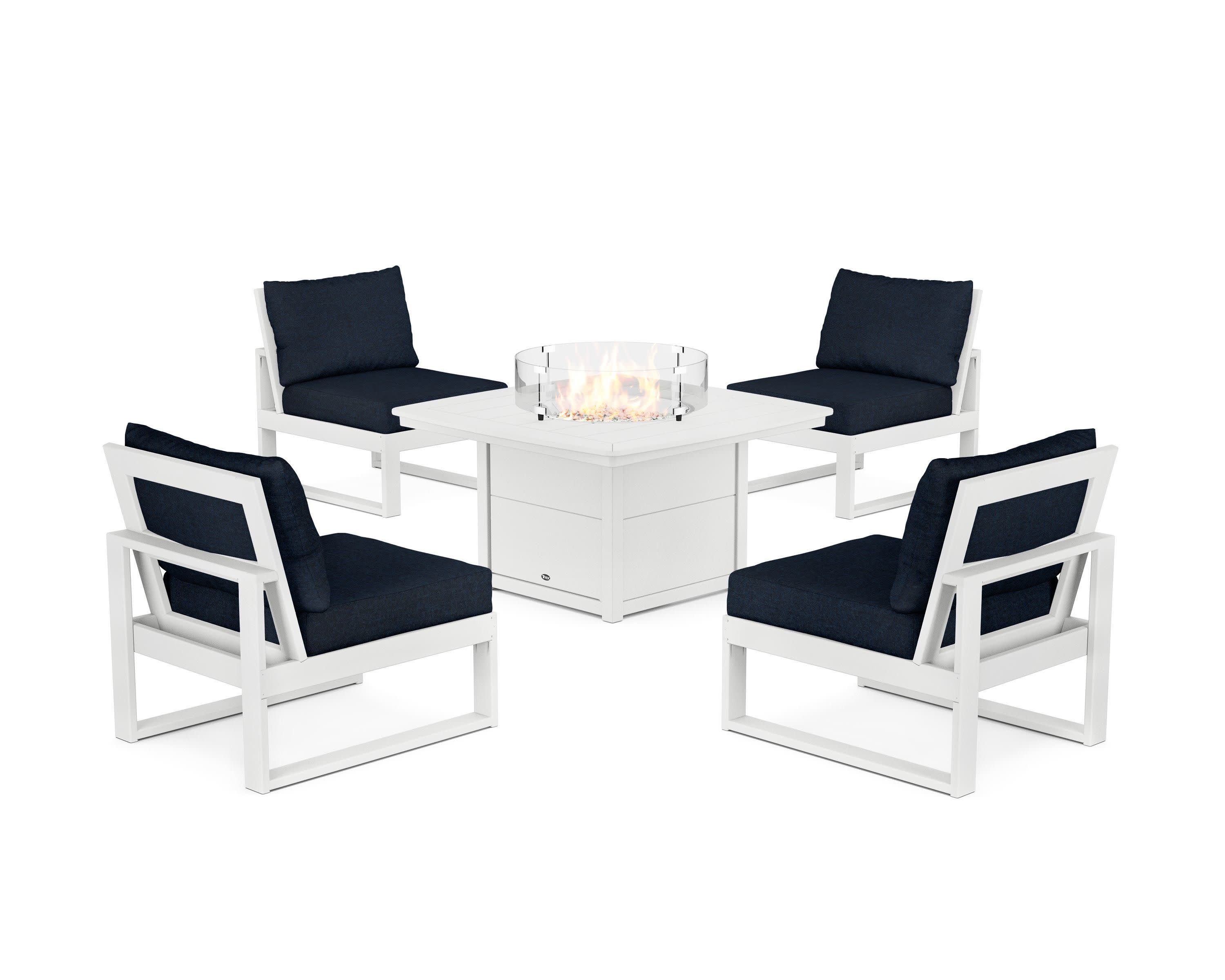 Eastport Modular 5-Piece Deep Seating Set with Yacht Club Fire Pit Table in Classic White / Marine Indigo