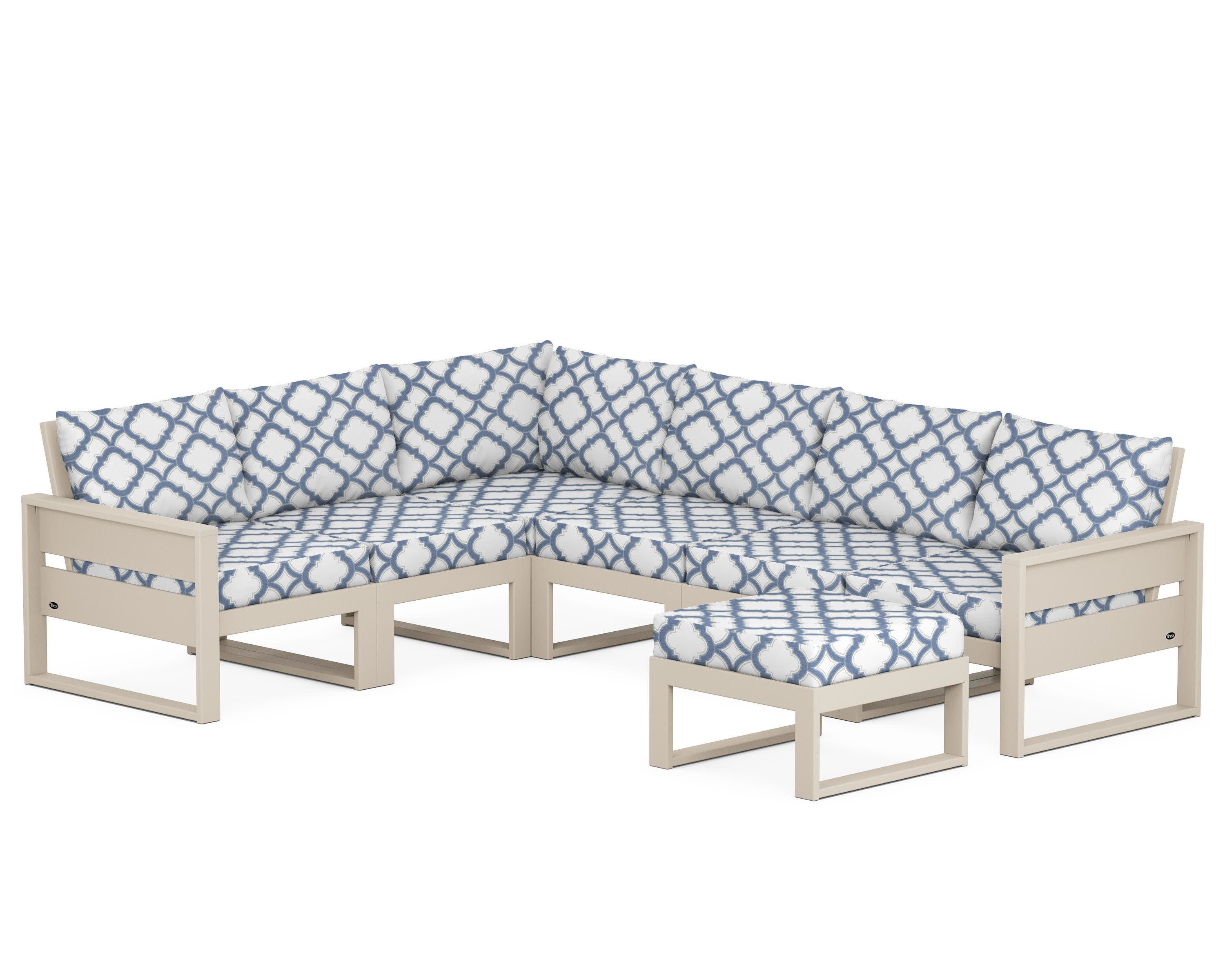 Eastport 6-Piece Sectional with Ottoman in Sand Castle / Trellis Sky Blue