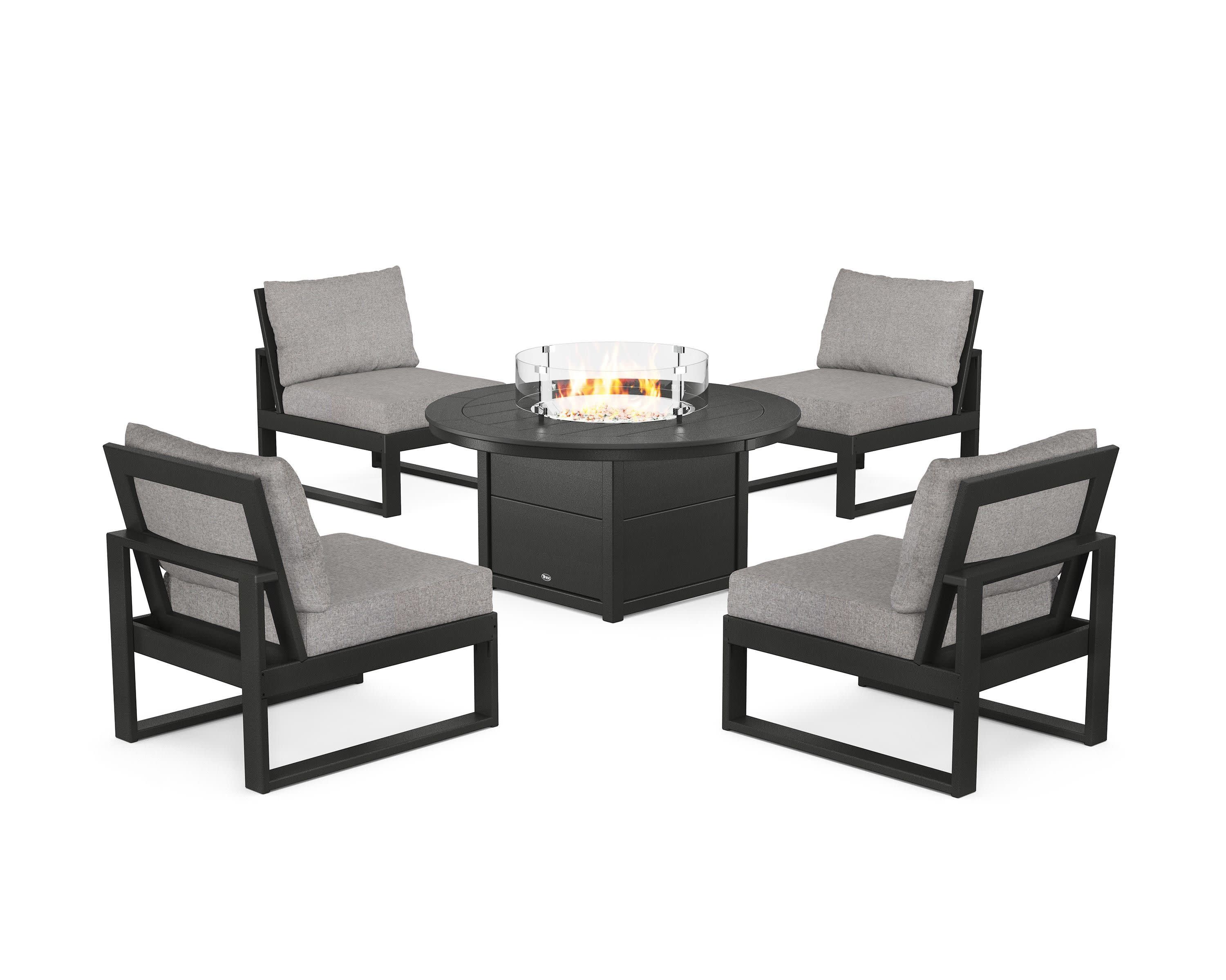 Eastport Modular 5-Piece Deep Seating Set with Round Fire Pit Table in Charcoal Black / Grey Mist