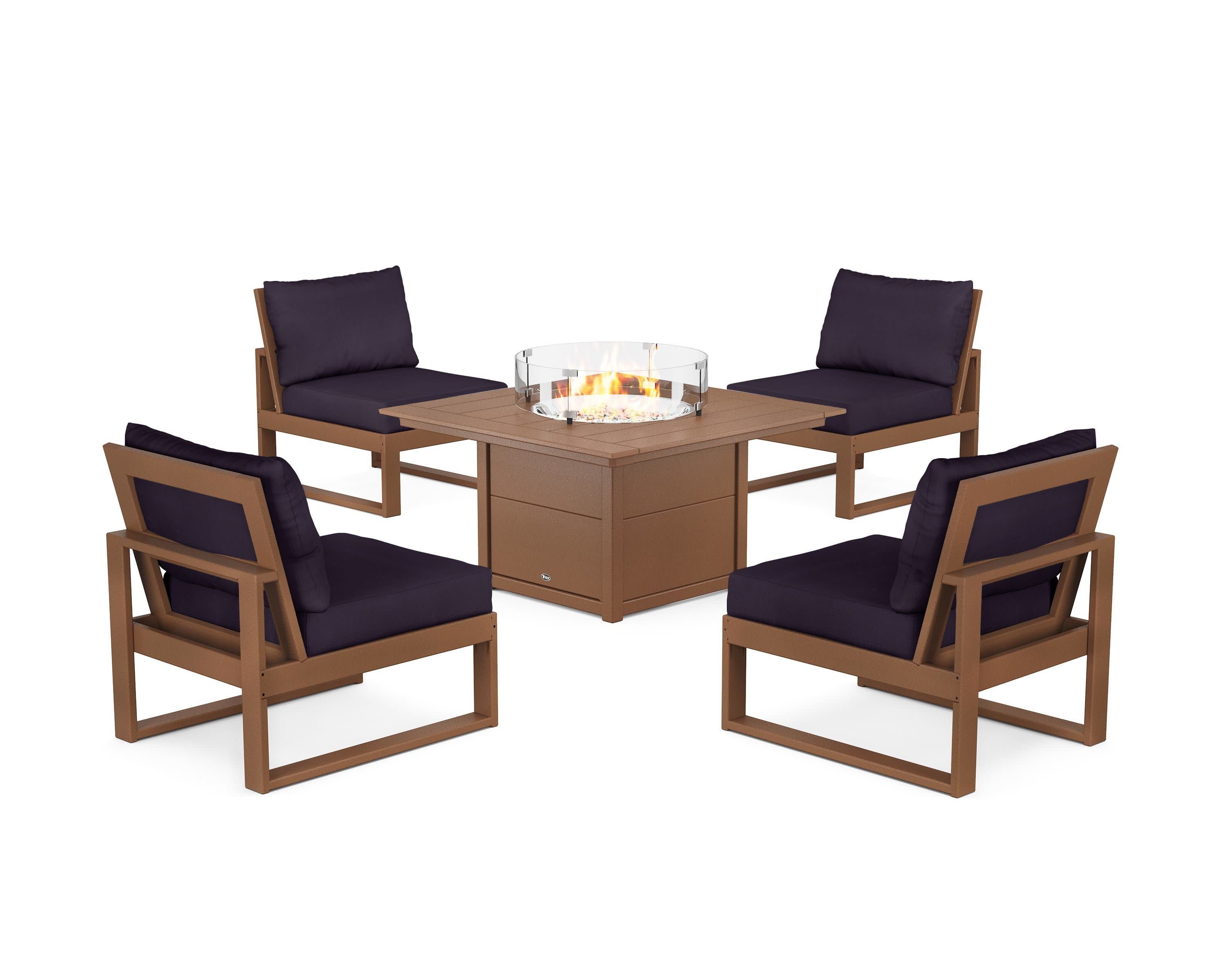 Eastport Modular 5-Piece Deep Seating Set with Square Fire Pit Table in Tree House / Navy Linen