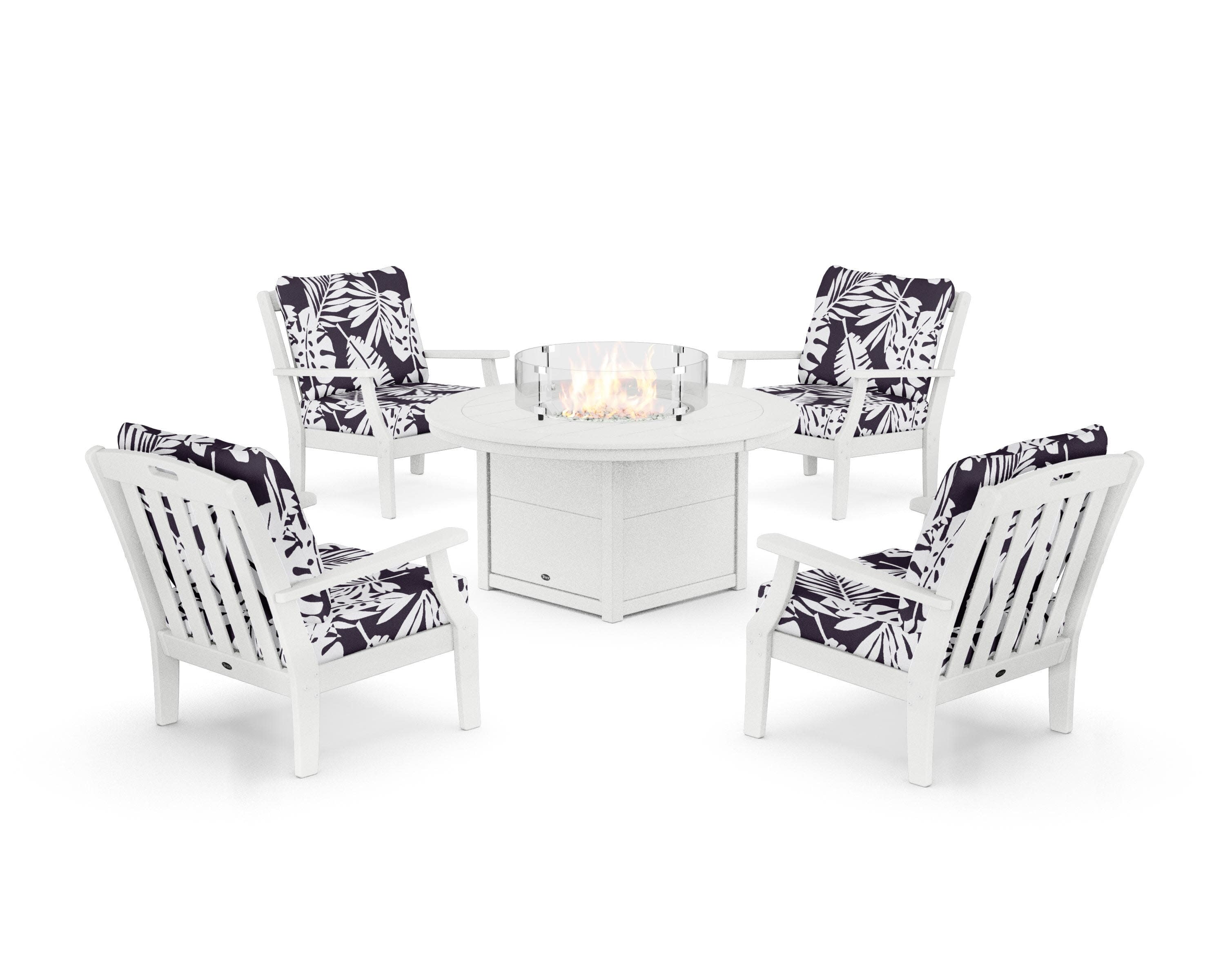 Yacht Club 5-Piece Deep Seating Set with Round Fire Pit Table in Classic White / Leaf Navy