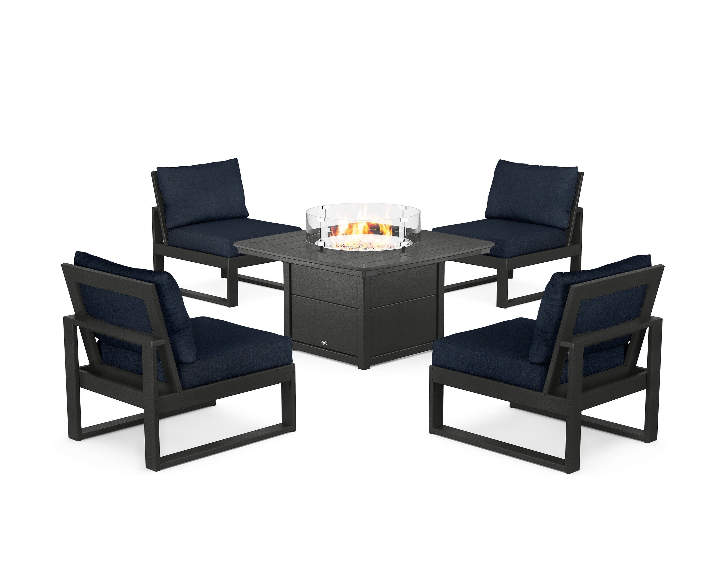 Eastport Modular 5-Piece Deep Seating Set with Yacht Club Fire Pit Table in Charcoal Black / Marine Indigo