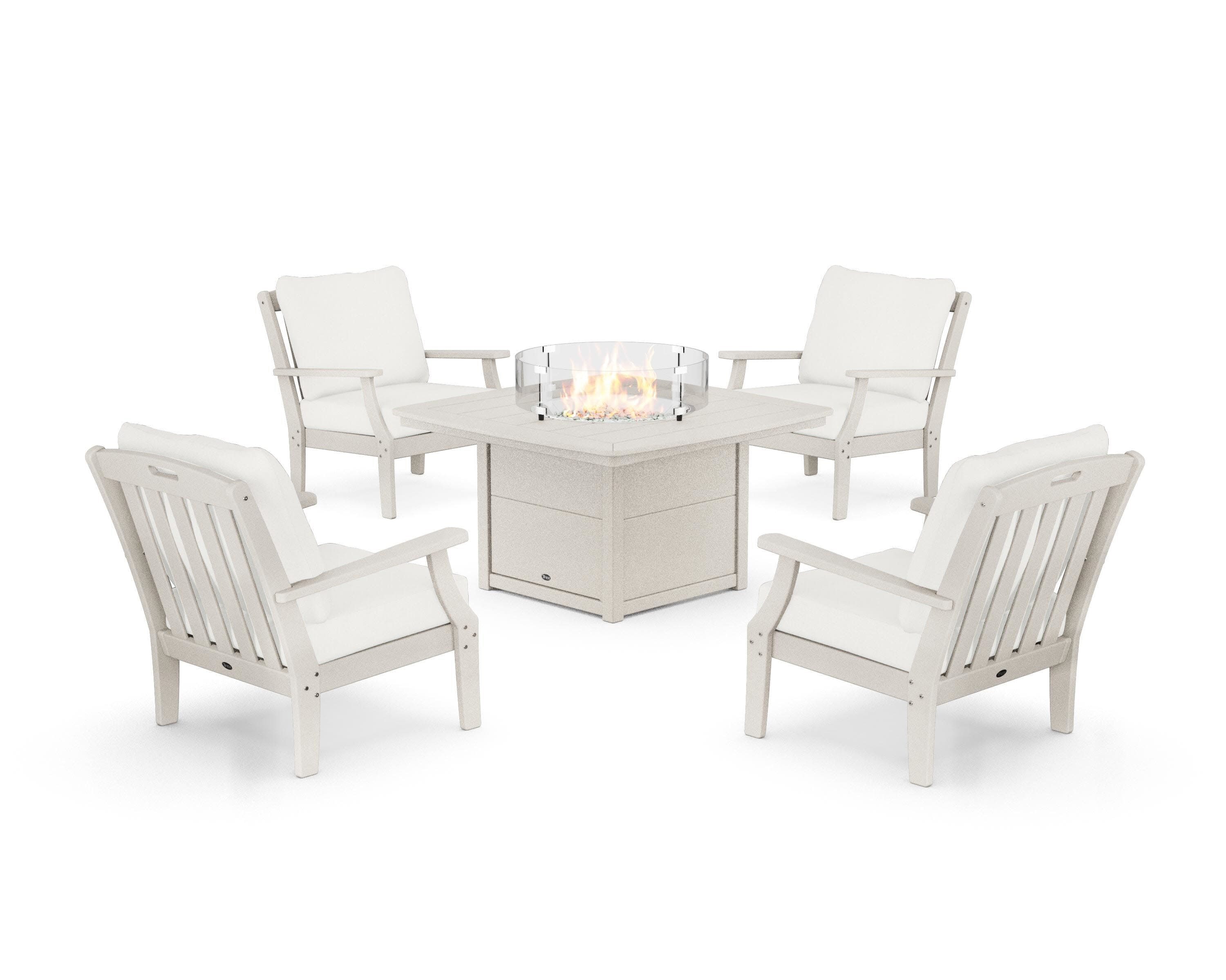 Yacht Club 5-Piece Deep Seating Set with Fire Pit Table in Sand Castle / Natural Linen