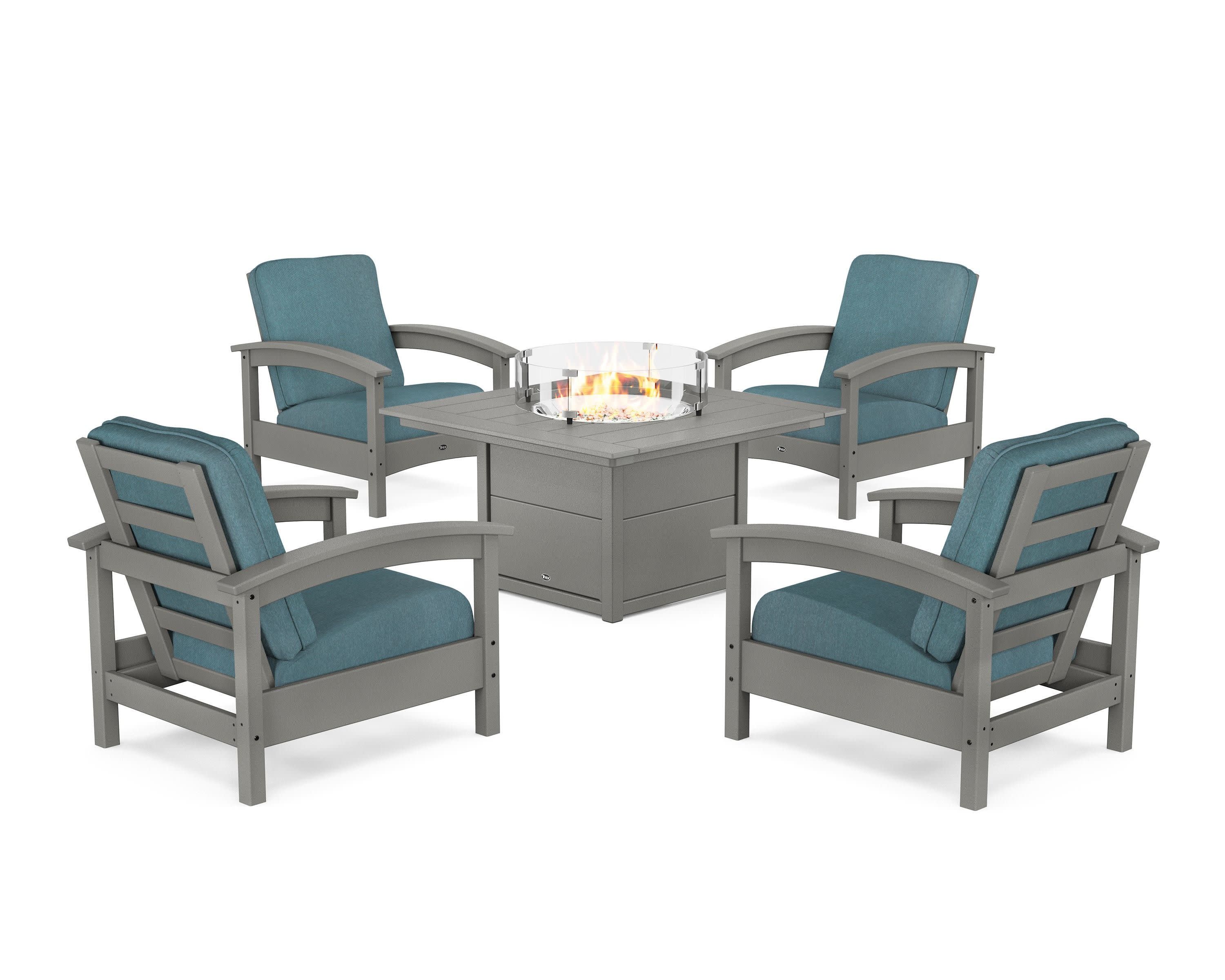 Rockport 5-Piece Deep Seating Set with Square Fire Pit Table in Stepping Stone / Ocean Teal