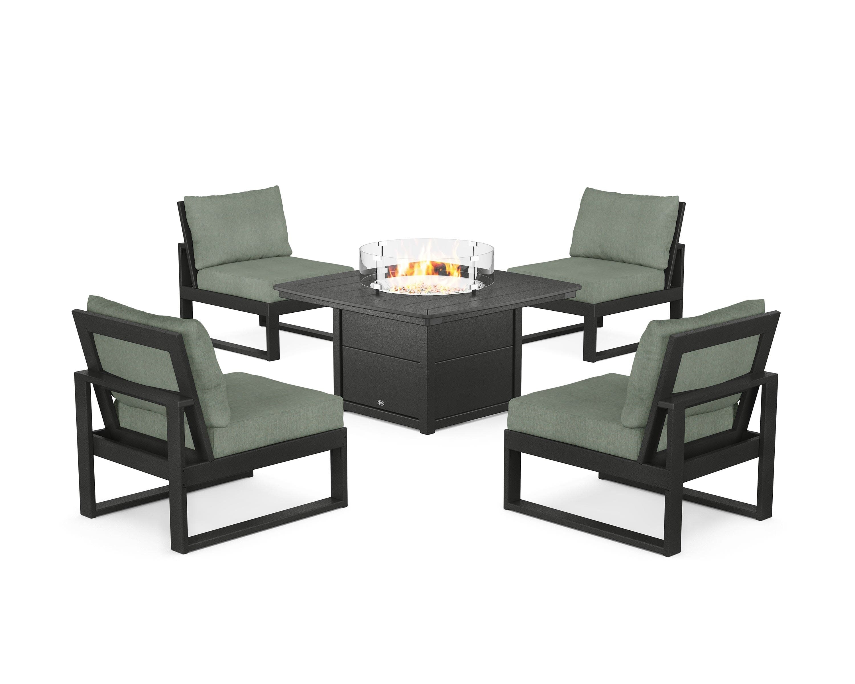 Eastport Modular 5-Piece Deep Seating Set with Yacht Club Fire Pit Table in Charcoal Black / Cast Sage