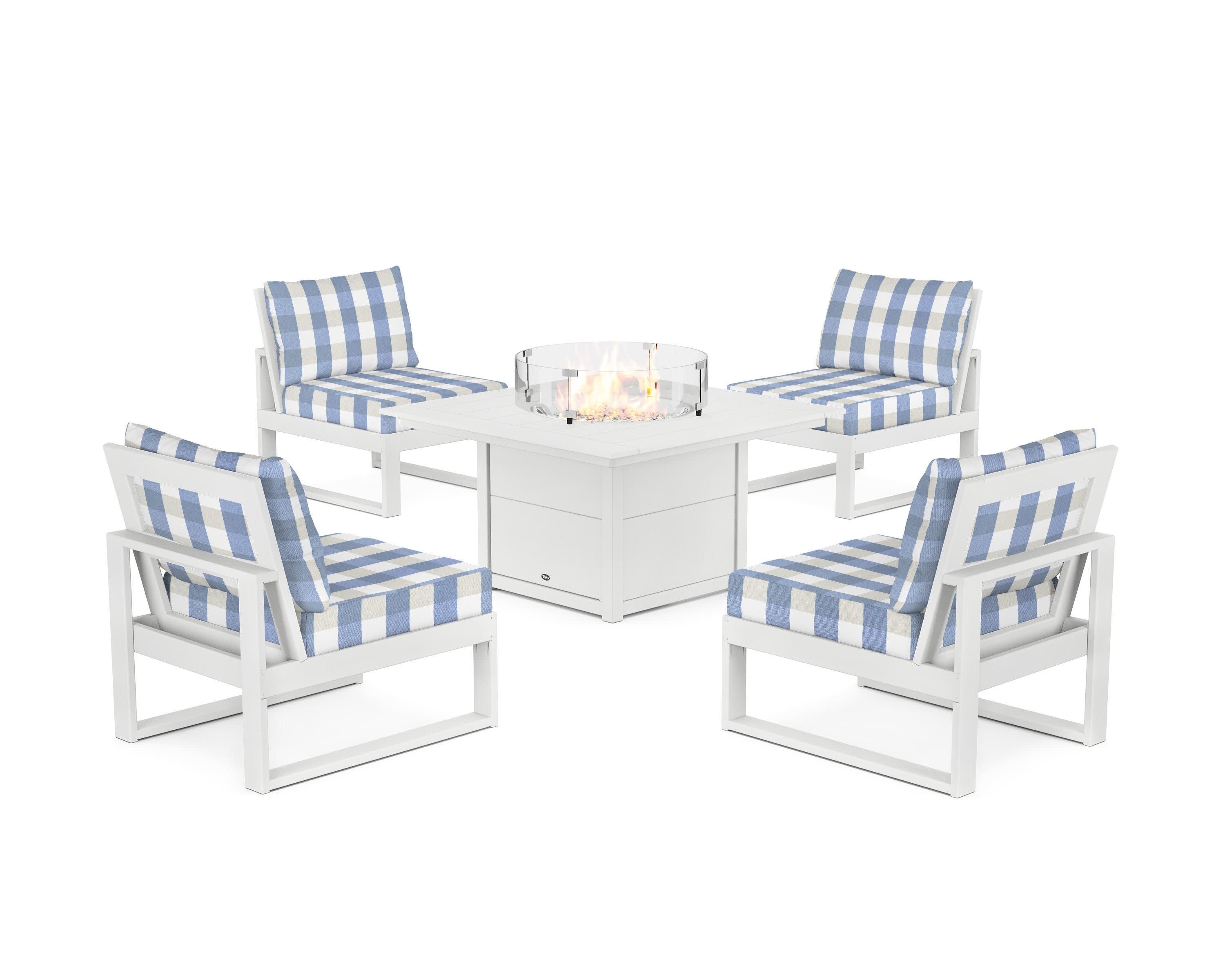 Eastport Modular 5-Piece Deep Seating Set with Square Fire Pit Table in Classic White / Buffalo Plaid Sky Blue
