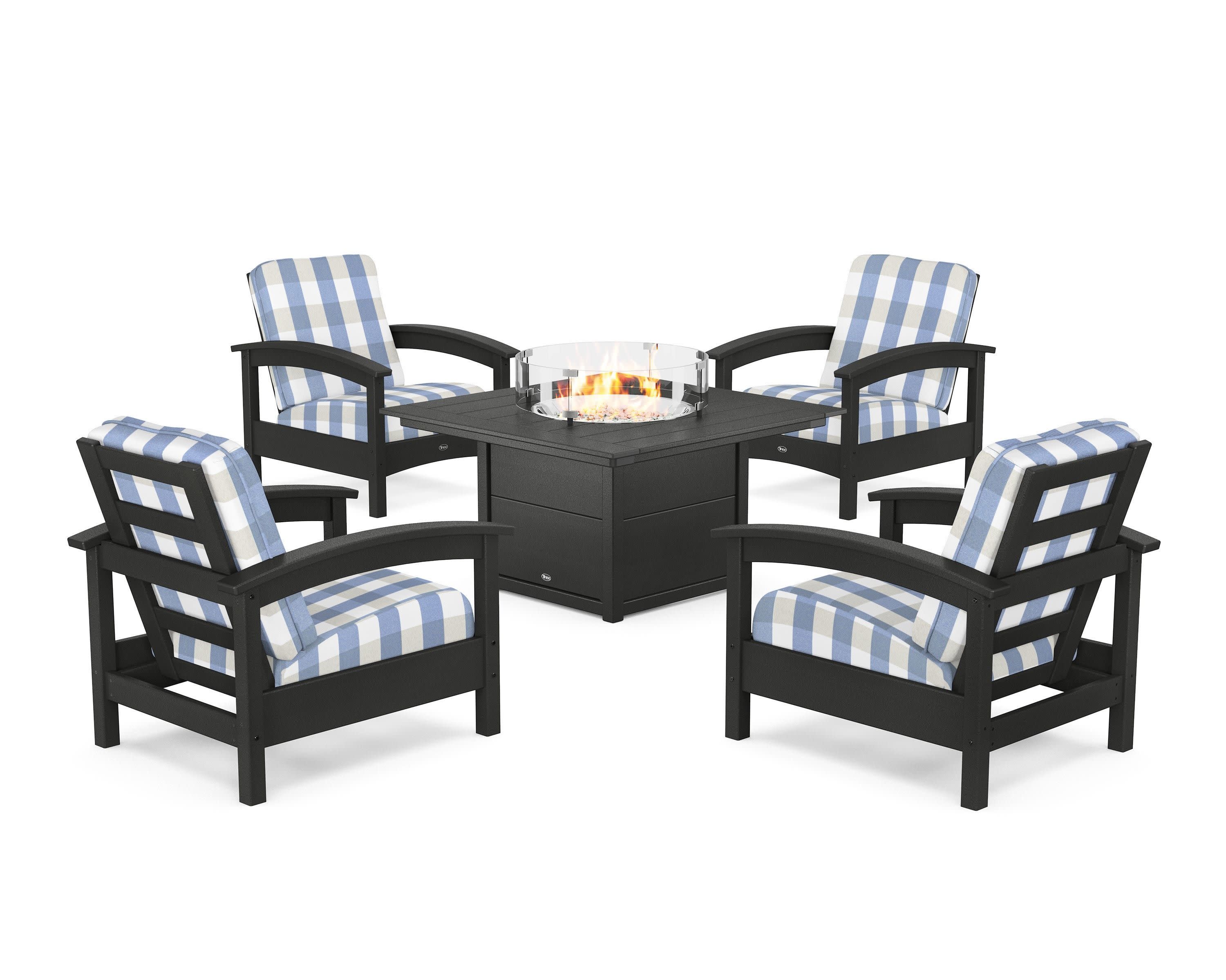 Rockport 5-Piece Deep Seating Set with Square Fire Pit Table in Charcoal Black / Buffalo Plaid Sky Blue