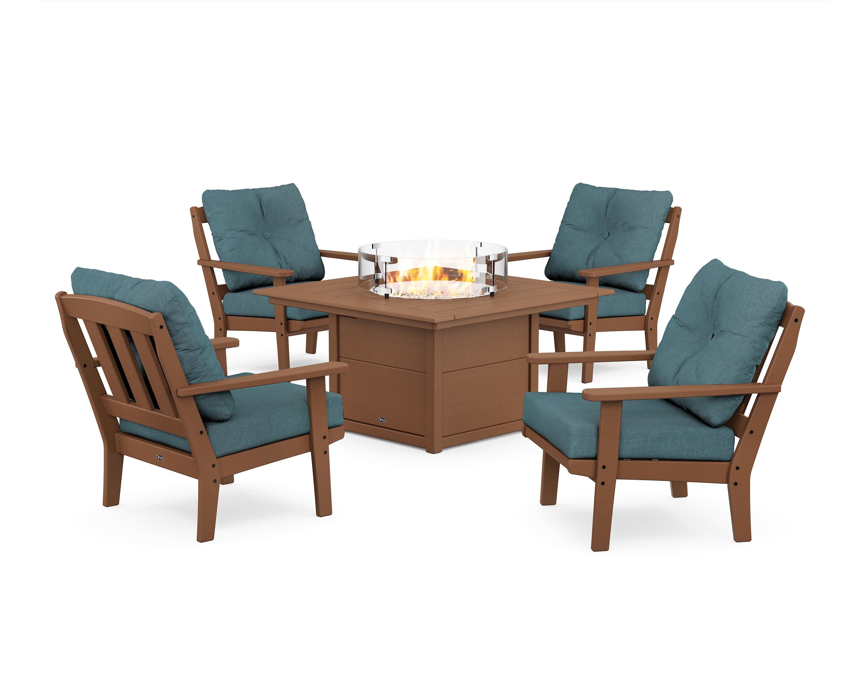 Cape Cod 5-Piece Deep Seating Set with Fire Pit Table in Tree House / Ocean Teal