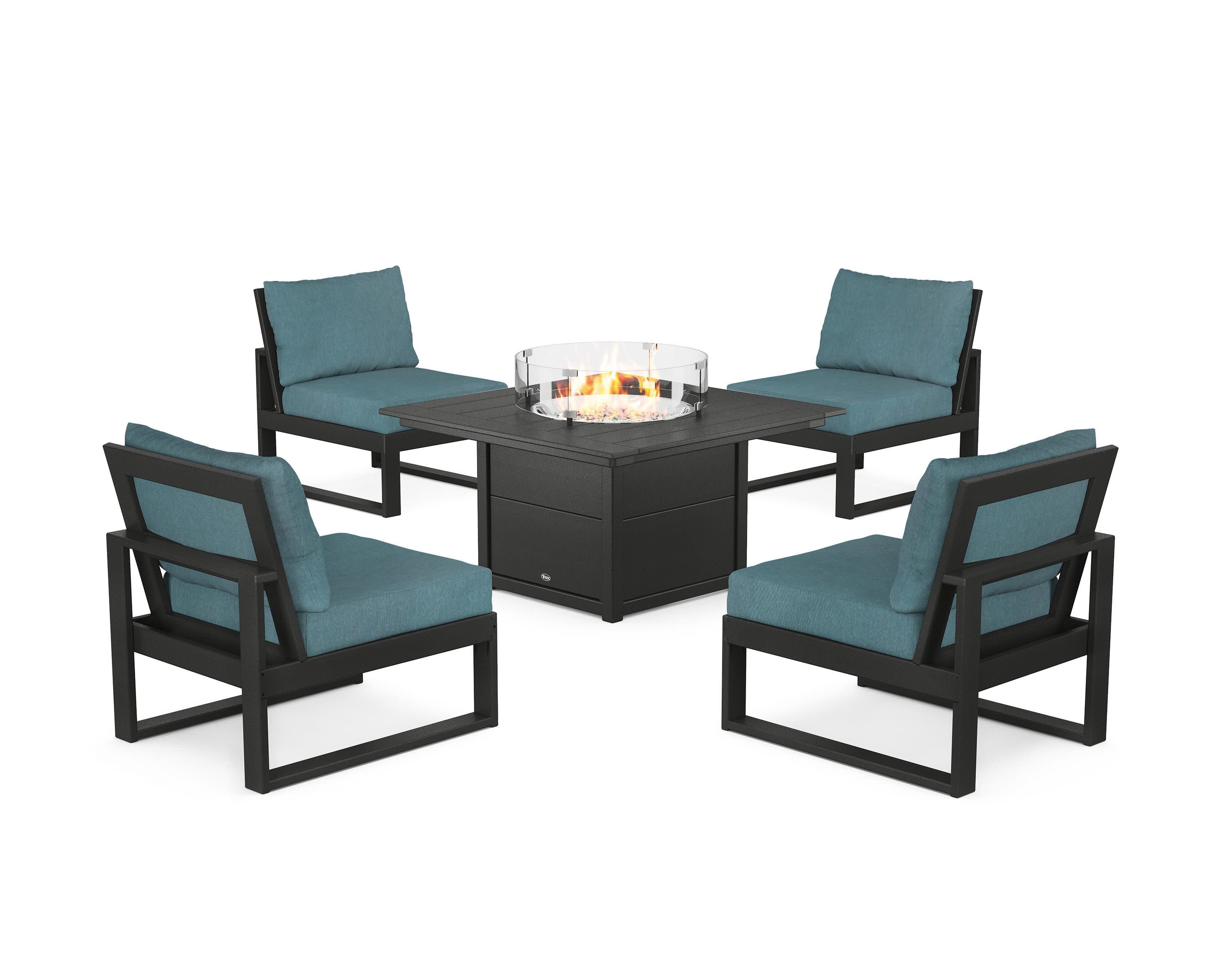 Eastport Modular 5-Piece Deep Seating Set with Square Fire Pit Table in Charcoal Black / Ocean Teal