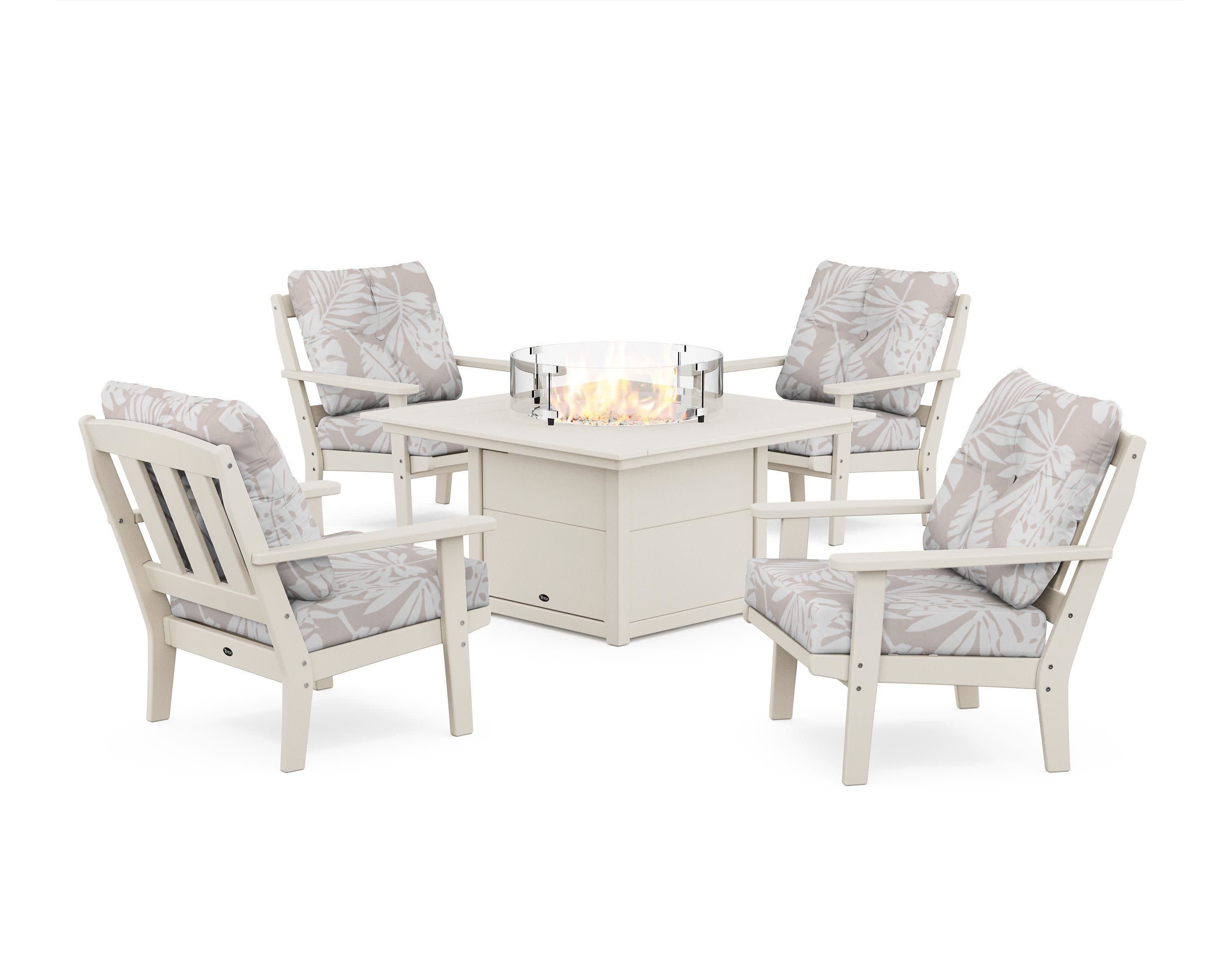 Cape Cod 5-Piece Deep Seating Set with Fire Pit Table in Sand Castle / Leaf Dune Burlap