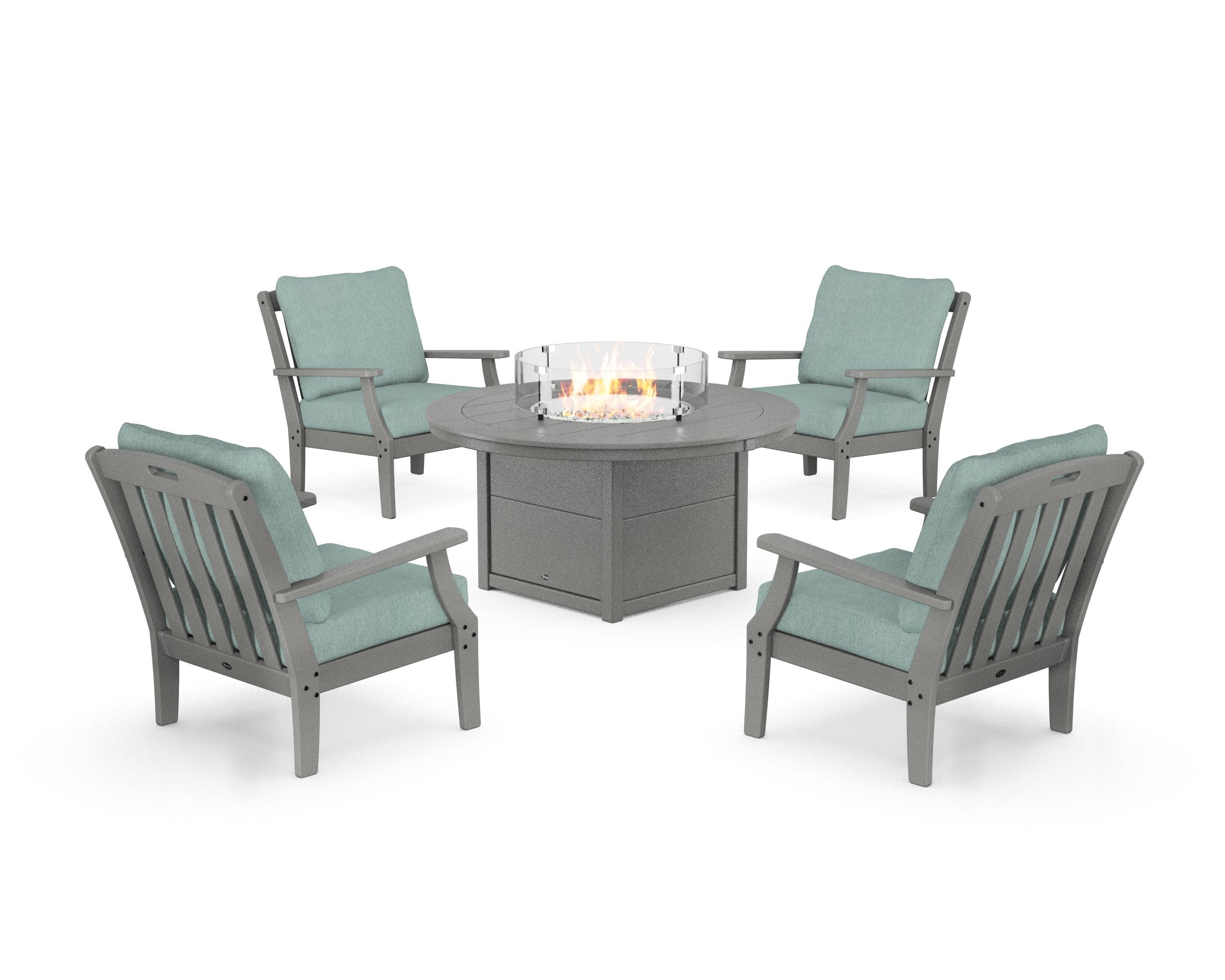 Yacht Club 5-Piece Deep Seating Set with Round Fire Pit Table in Stepping Stone / Glacier Spa
