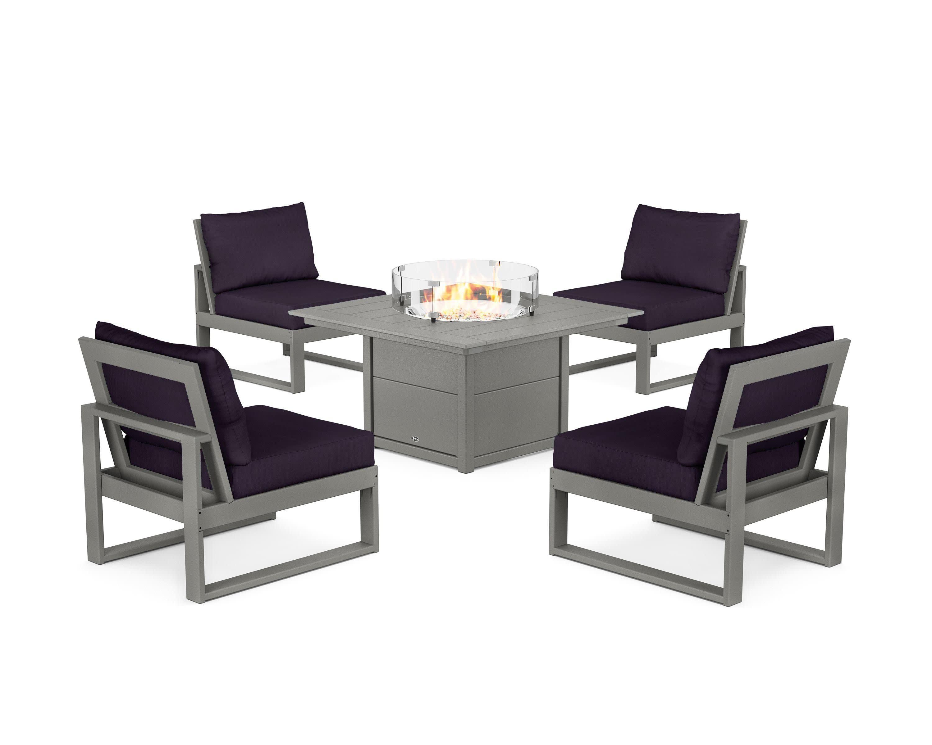 Eastport Modular 5-Piece Deep Seating Set with Square Fire Pit Table in Stepping Stone / Navy Linen