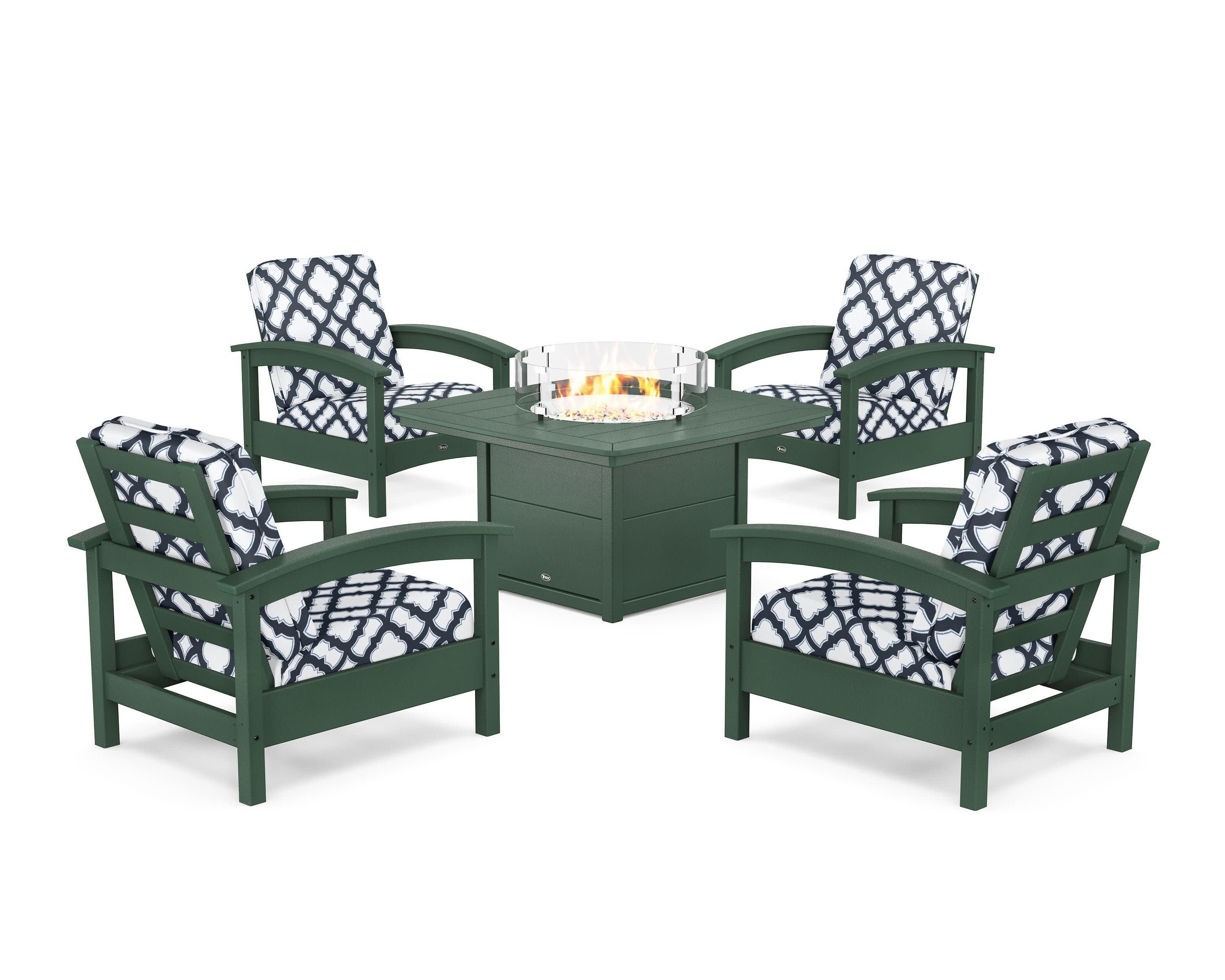Rockport 5-Piece Deep Seating Set with Yacht Club Fire Pit Table in Rainforest Canopy / Trellis Marine Indigo