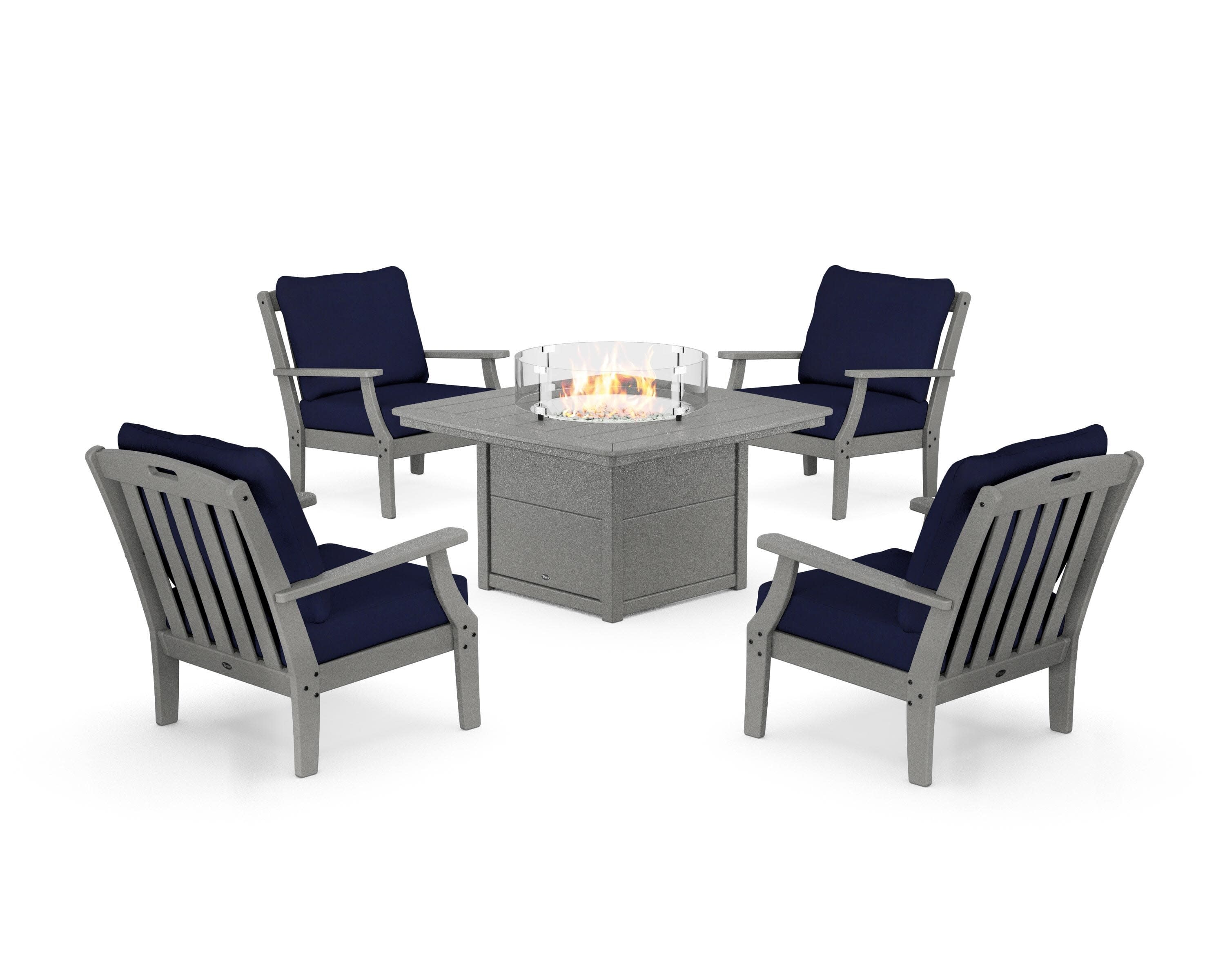 Yacht Club 5-Piece Deep Seating Set with Fire Pit Table in Stepping Stone / Navy
