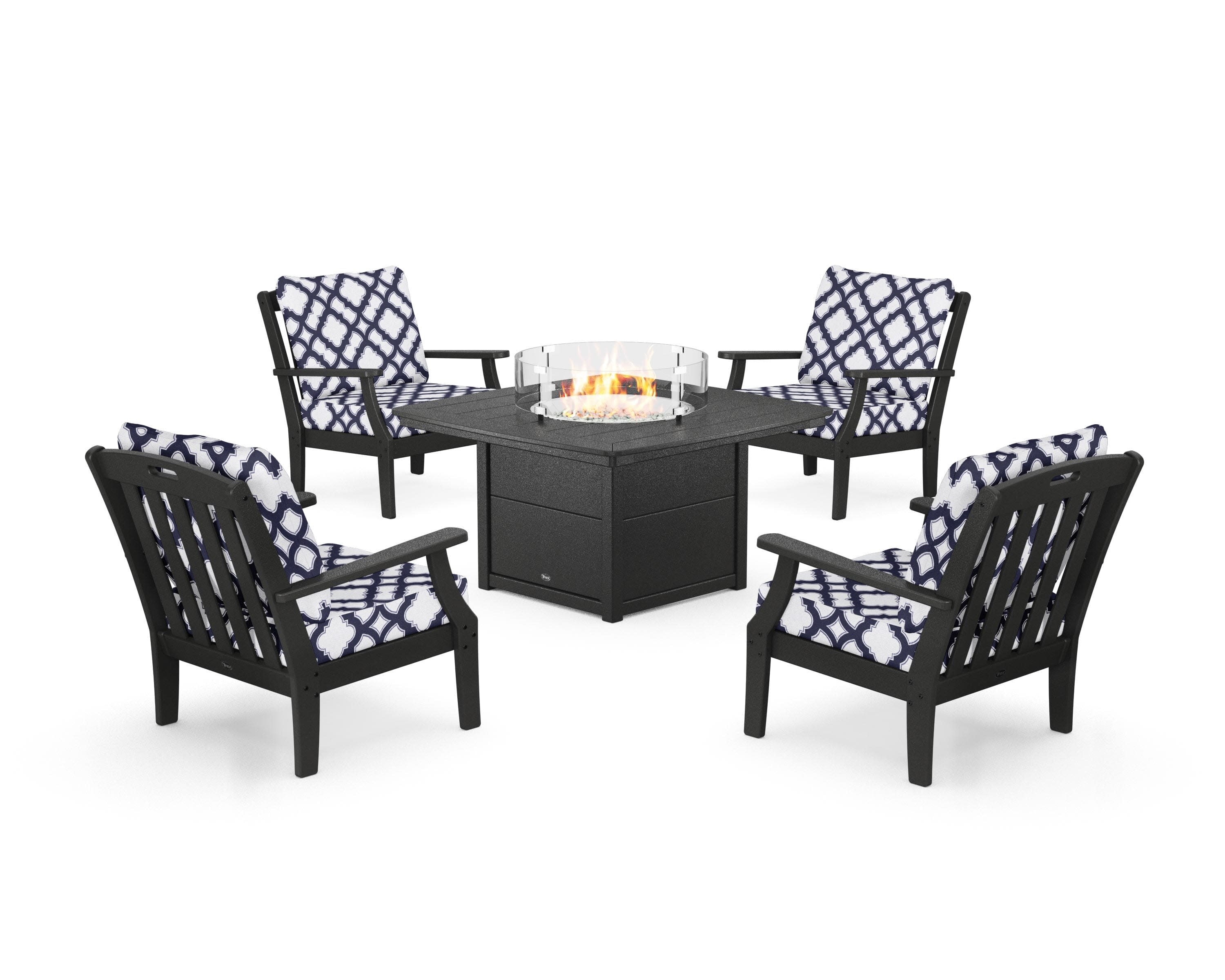 Yacht Club 5-Piece Deep Seating Set with Fire Pit Table in Charcoal Black / Trellis Navy