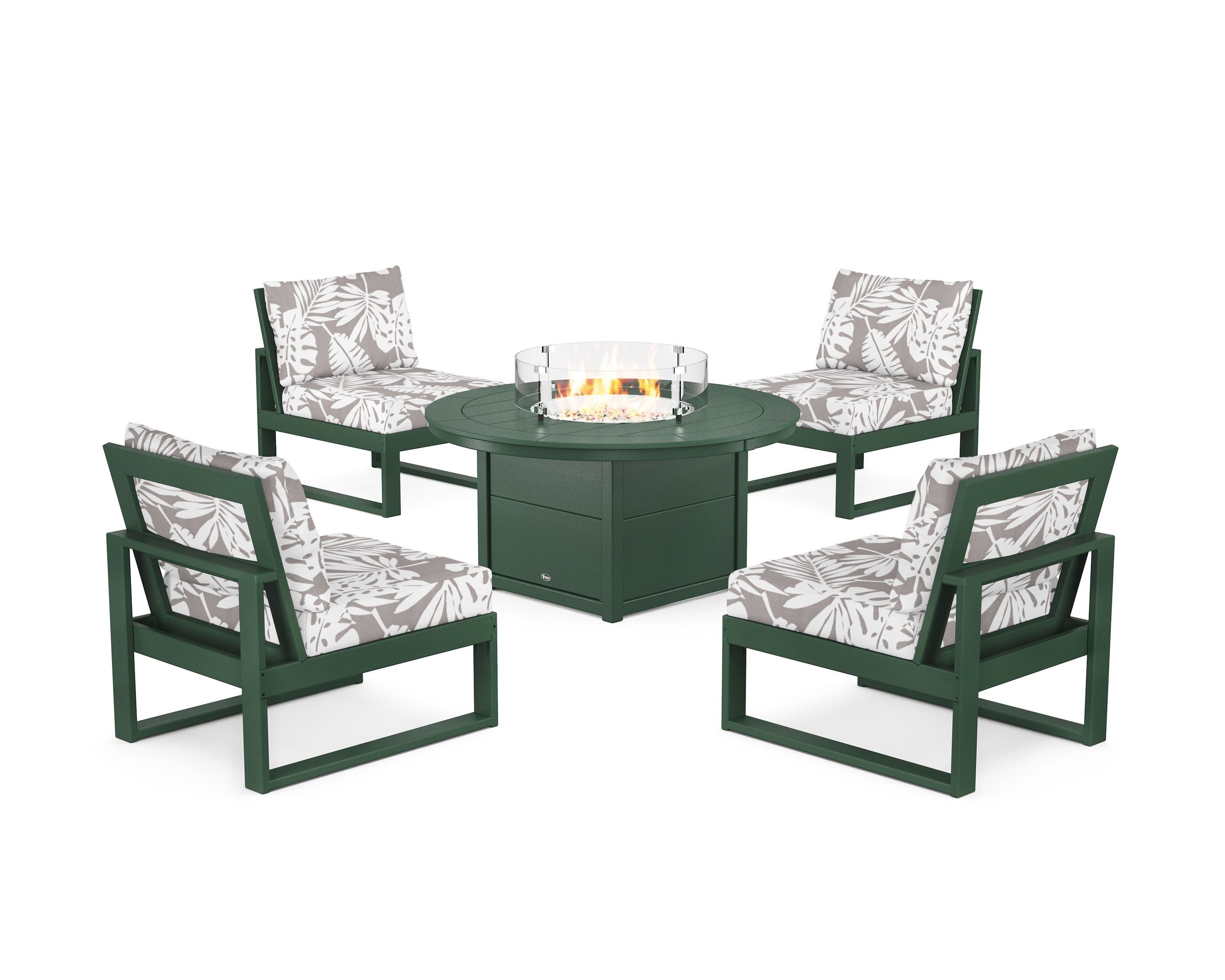 Eastport Modular 5-Piece Deep Seating Set with Round Fire Pit Table in Rainforest Canopy / Leaf Grey Mist