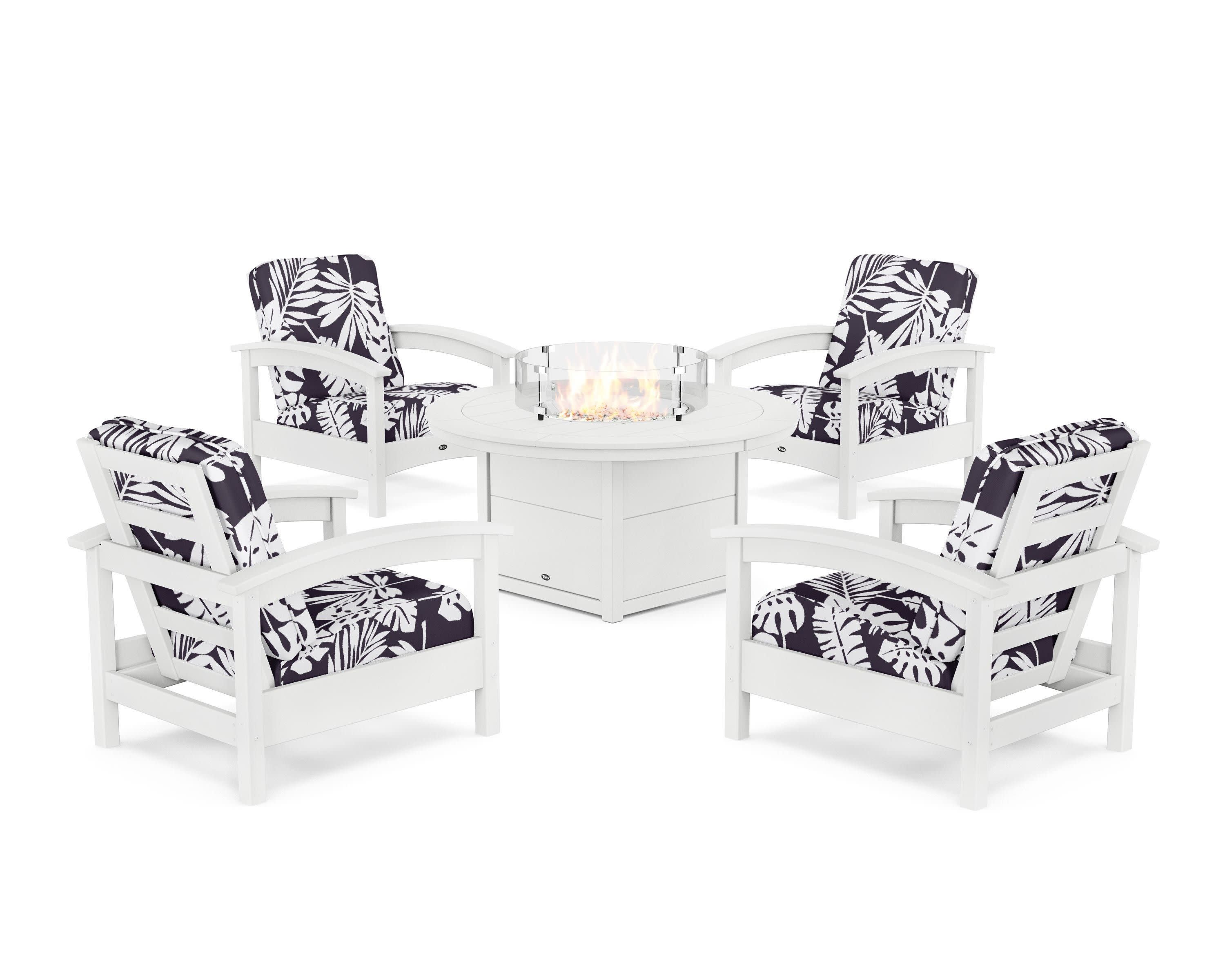 Rockport 5-Piece Deep Seating Set with Round Fire Pit Table in Classic White / Leaf Navy