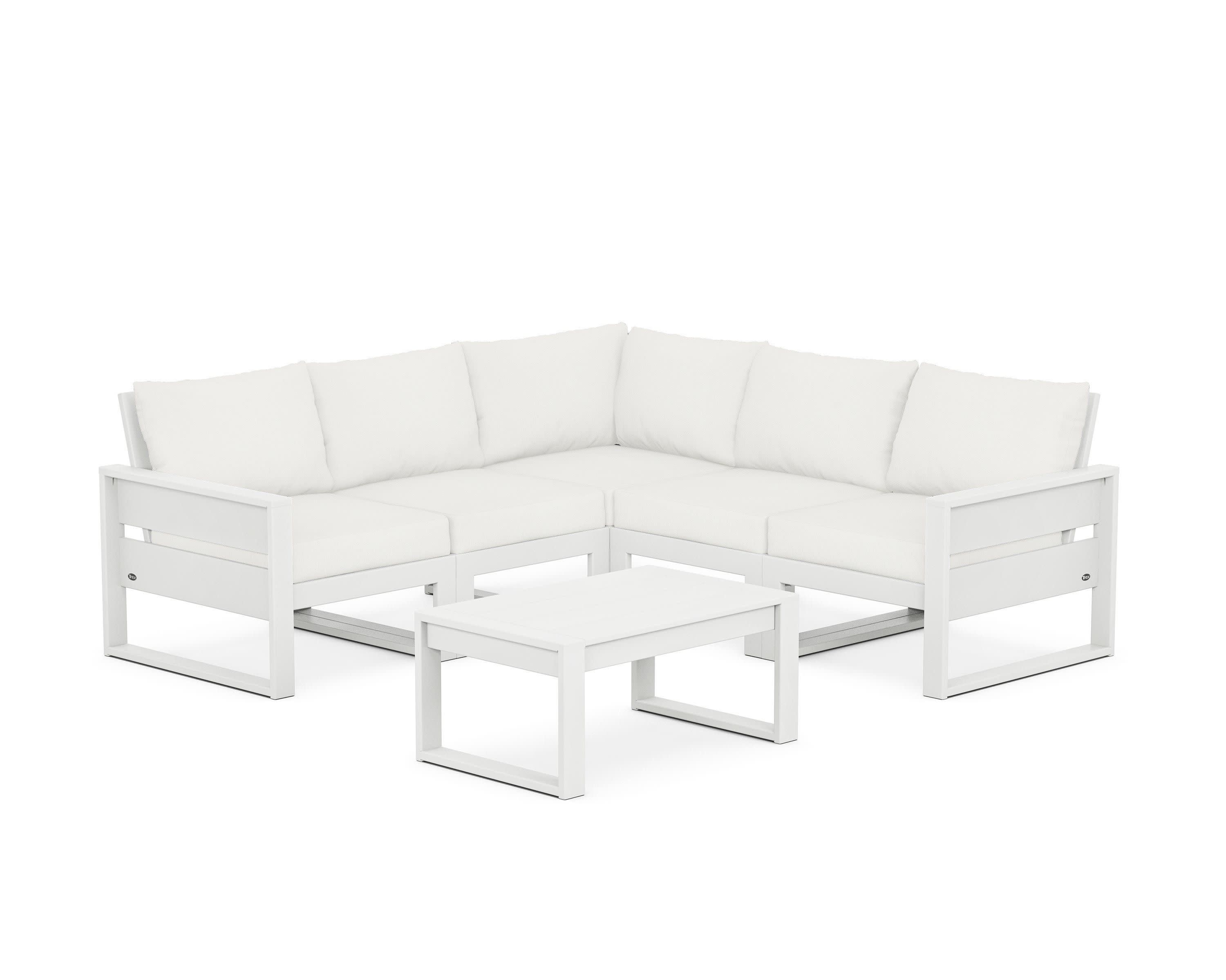 Eastport 6-Piece Deep Seating Sectional + Coffee Table Set in Classic White / Natural Linen