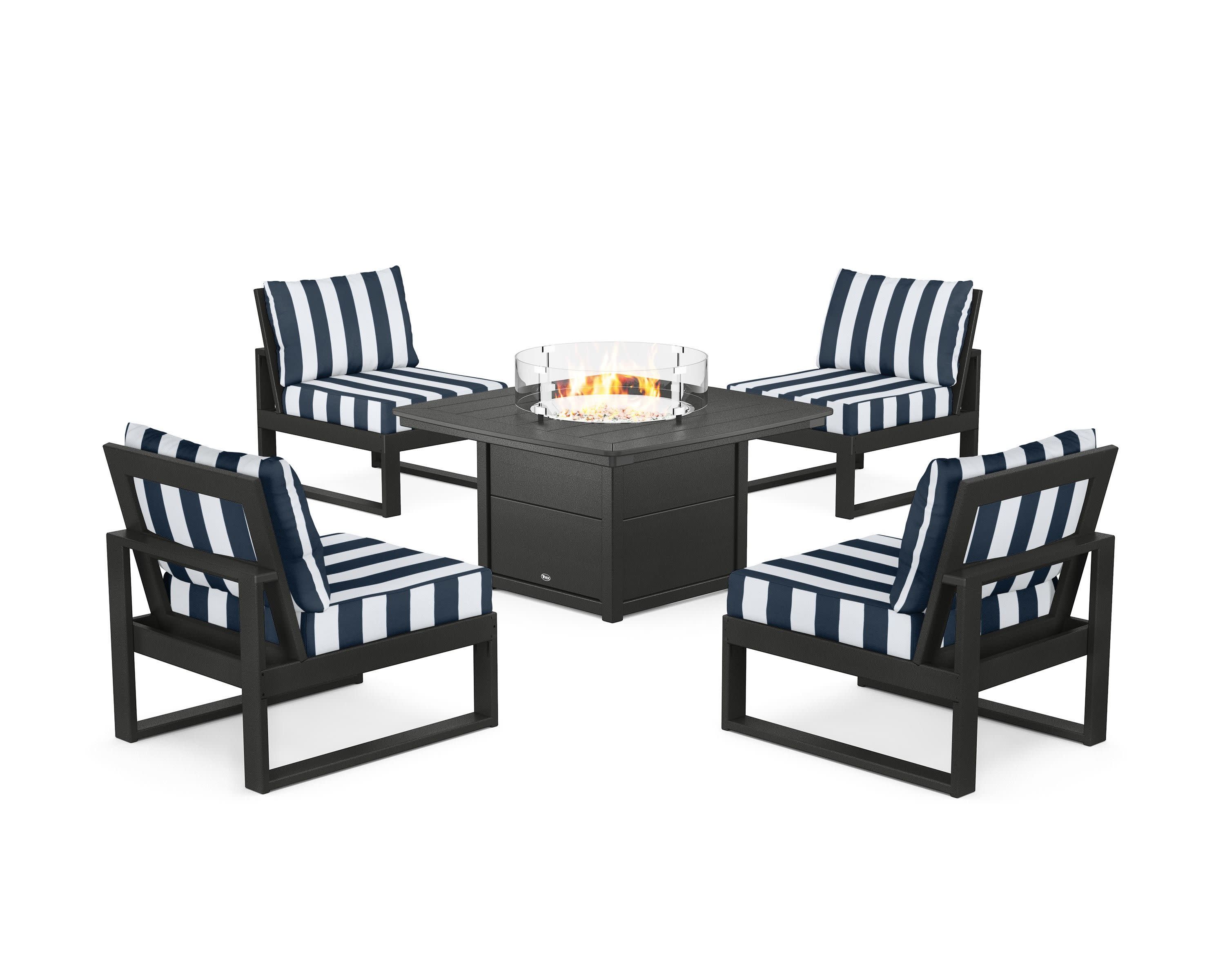 Eastport Modular 5-Piece Deep Seating Set with Yacht Club Fire Pit Table in Charcoal Black / Cabana Stripe Marine Indigo