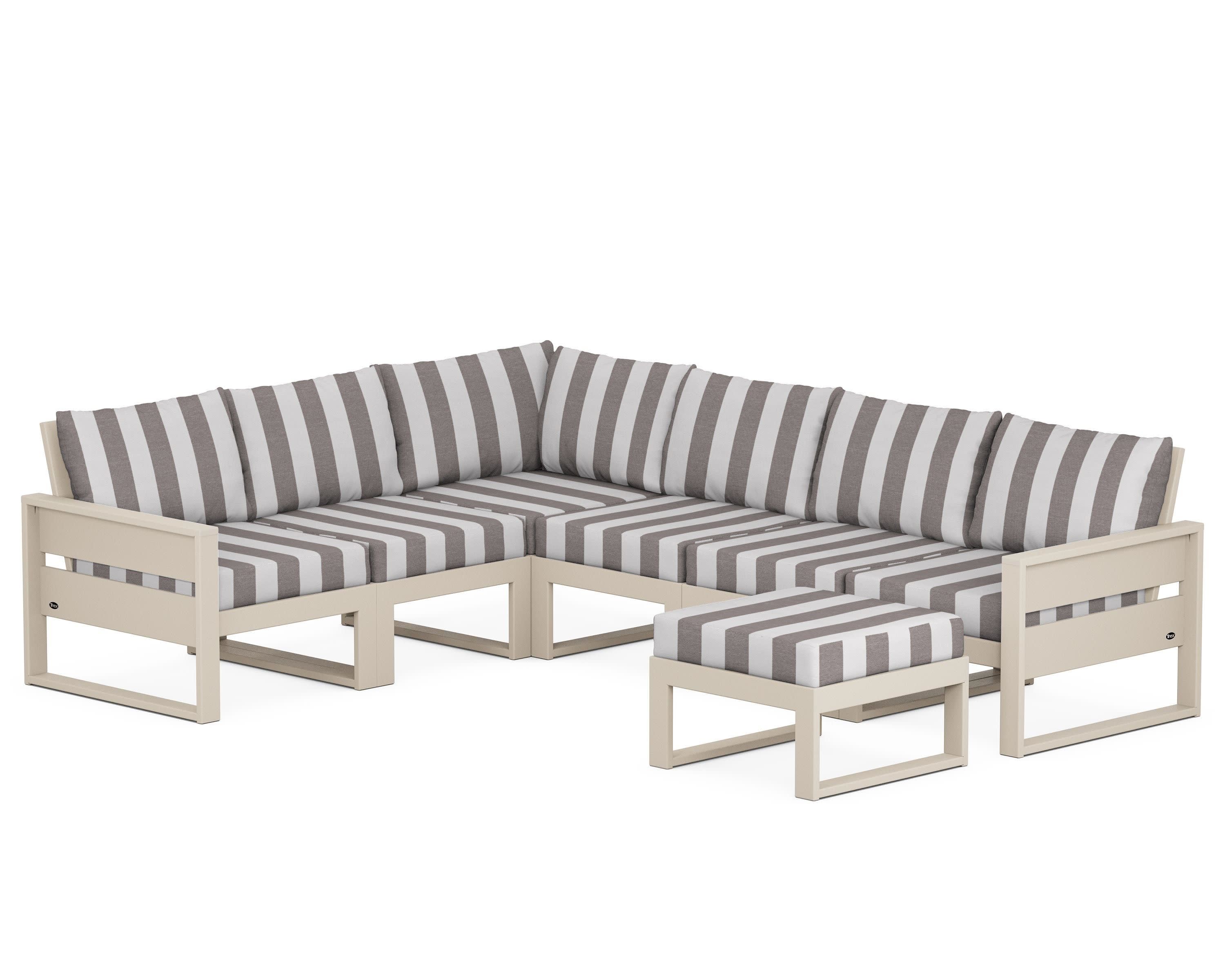 Eastport 6-Piece Sectional with Ottoman in Sand Castle / Cabana Stripe Grey Mist