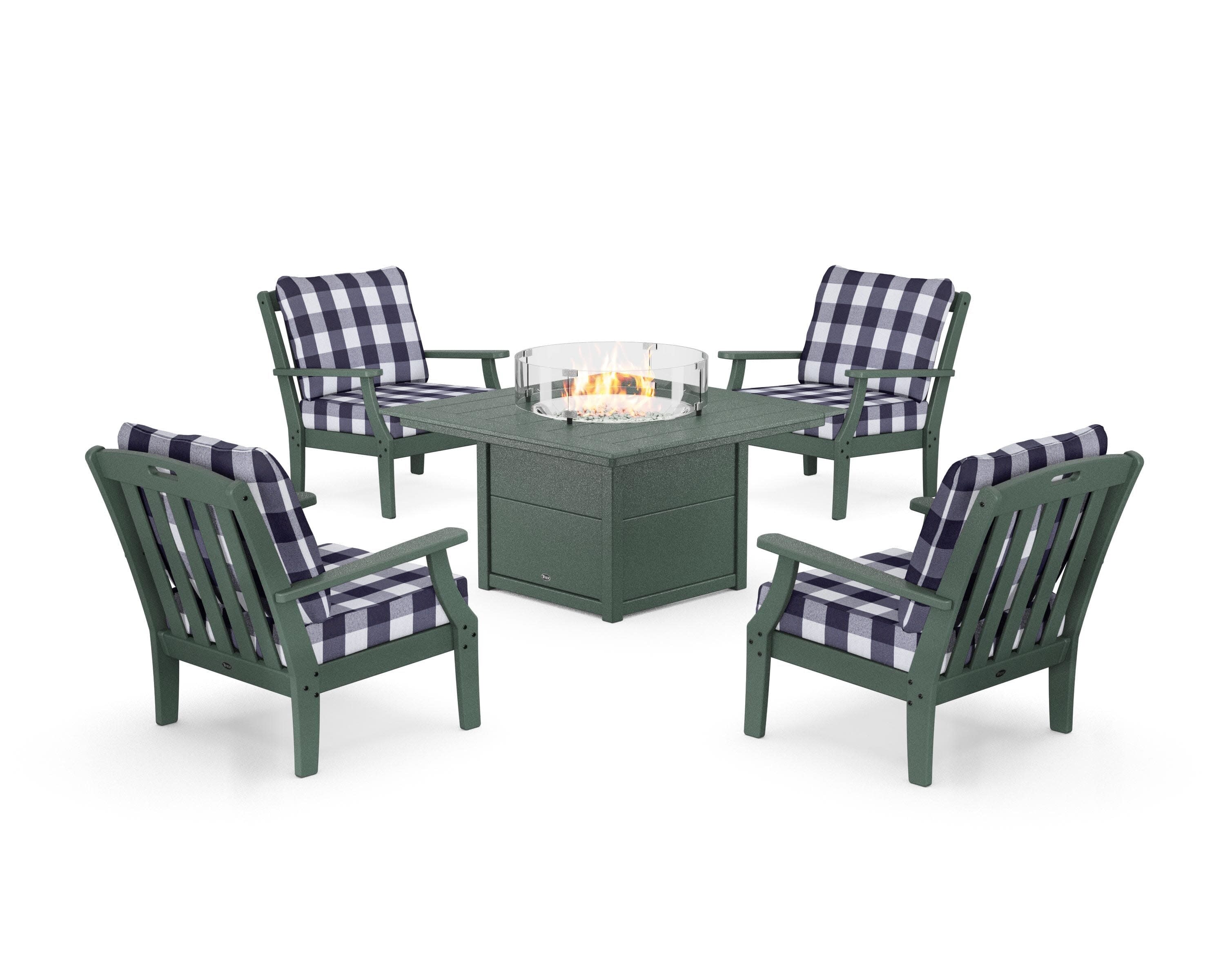 Yacht Club 5-Piece Deep Seating Set with Square Fire Pit Table in Rainforest Canopy / Buffalo Plaid Navy
