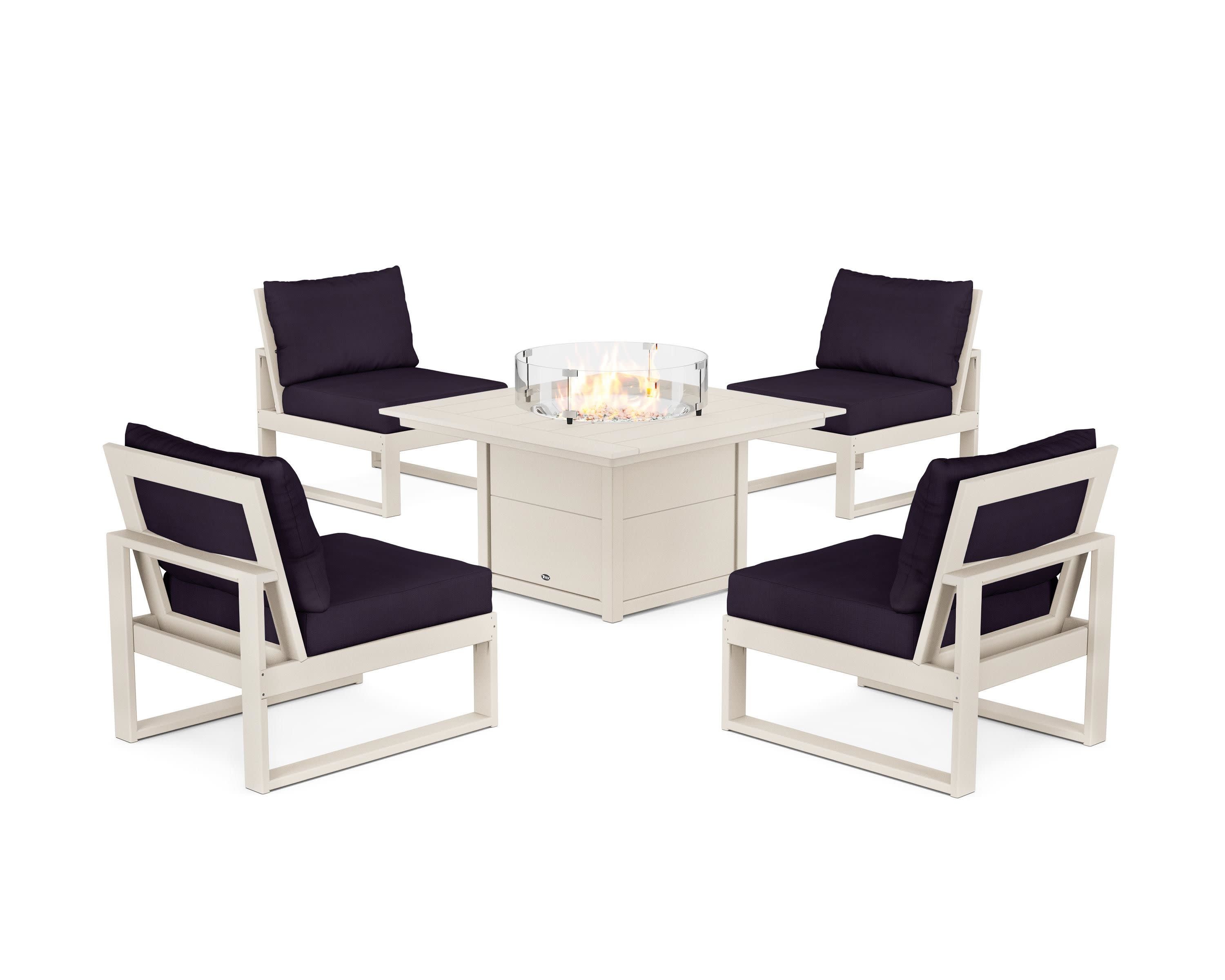 Eastport Modular 5-Piece Deep Seating Set with Square Fire Pit Table in Sand Castle / Navy Linen