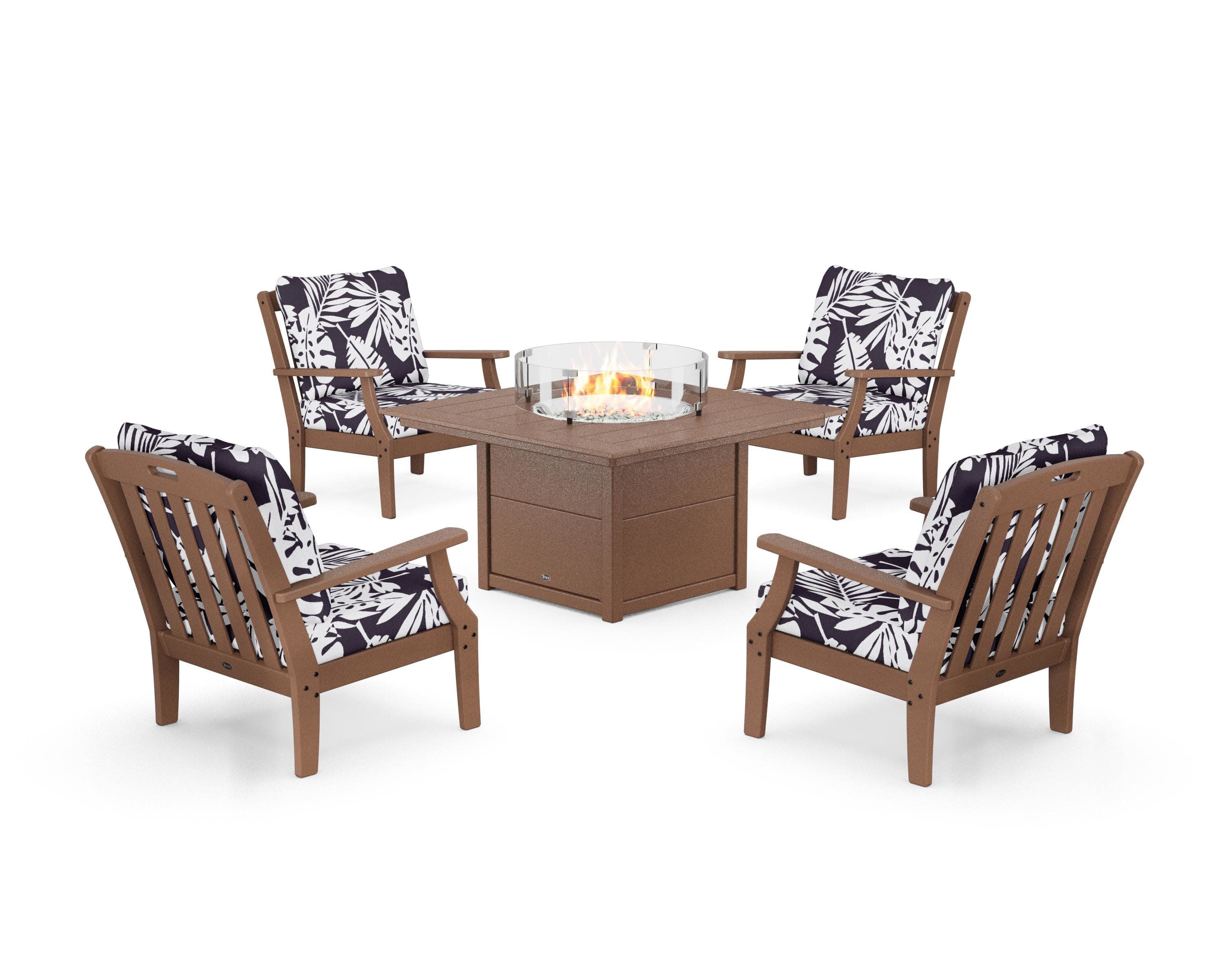 Yacht Club 5-Piece Deep Seating Set with Square Fire Pit Table in Tree House / Leaf Navy