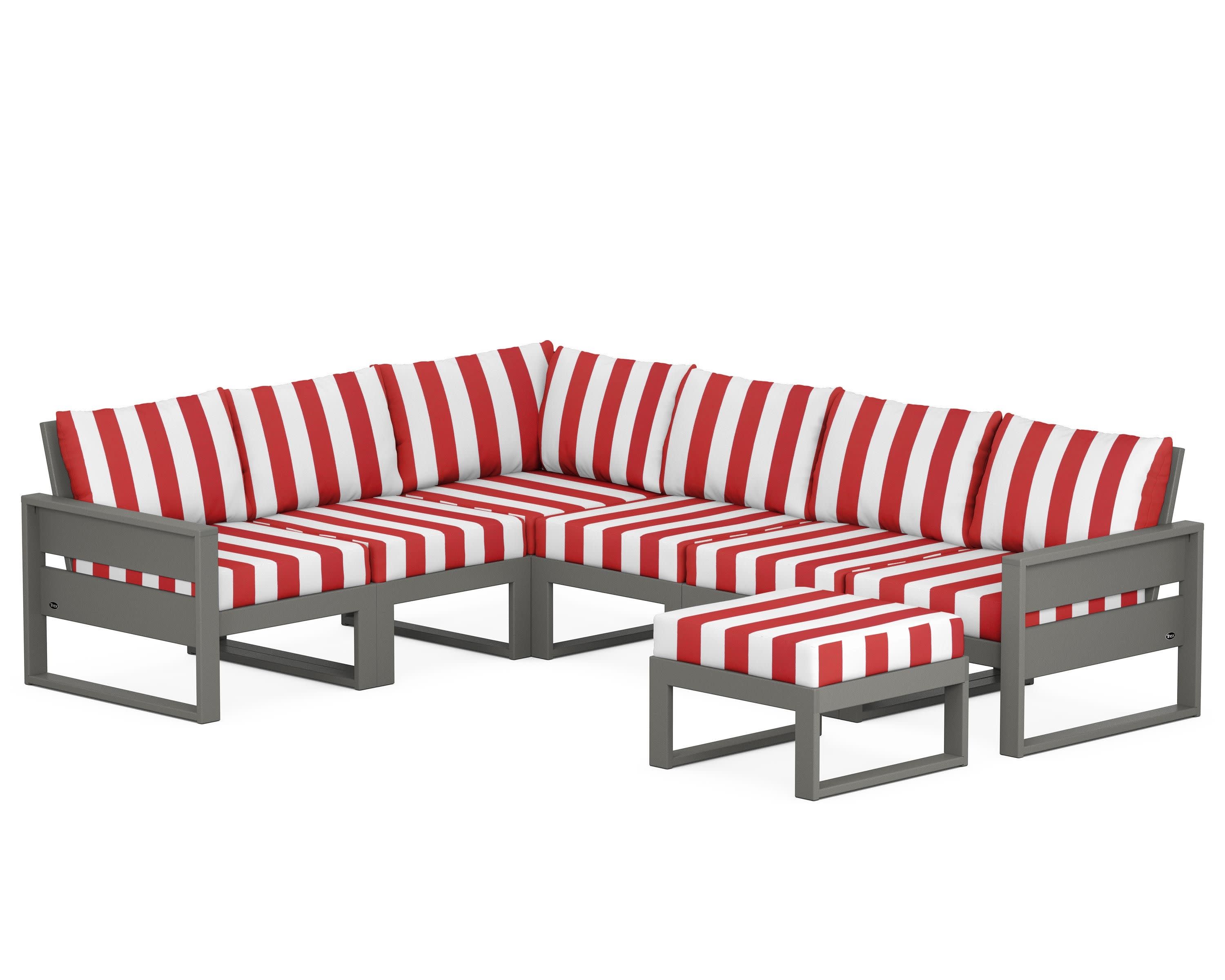 Eastport 6-Piece Sectional with Ottoman in Stepping Stone / Cabana Stripe Crimson