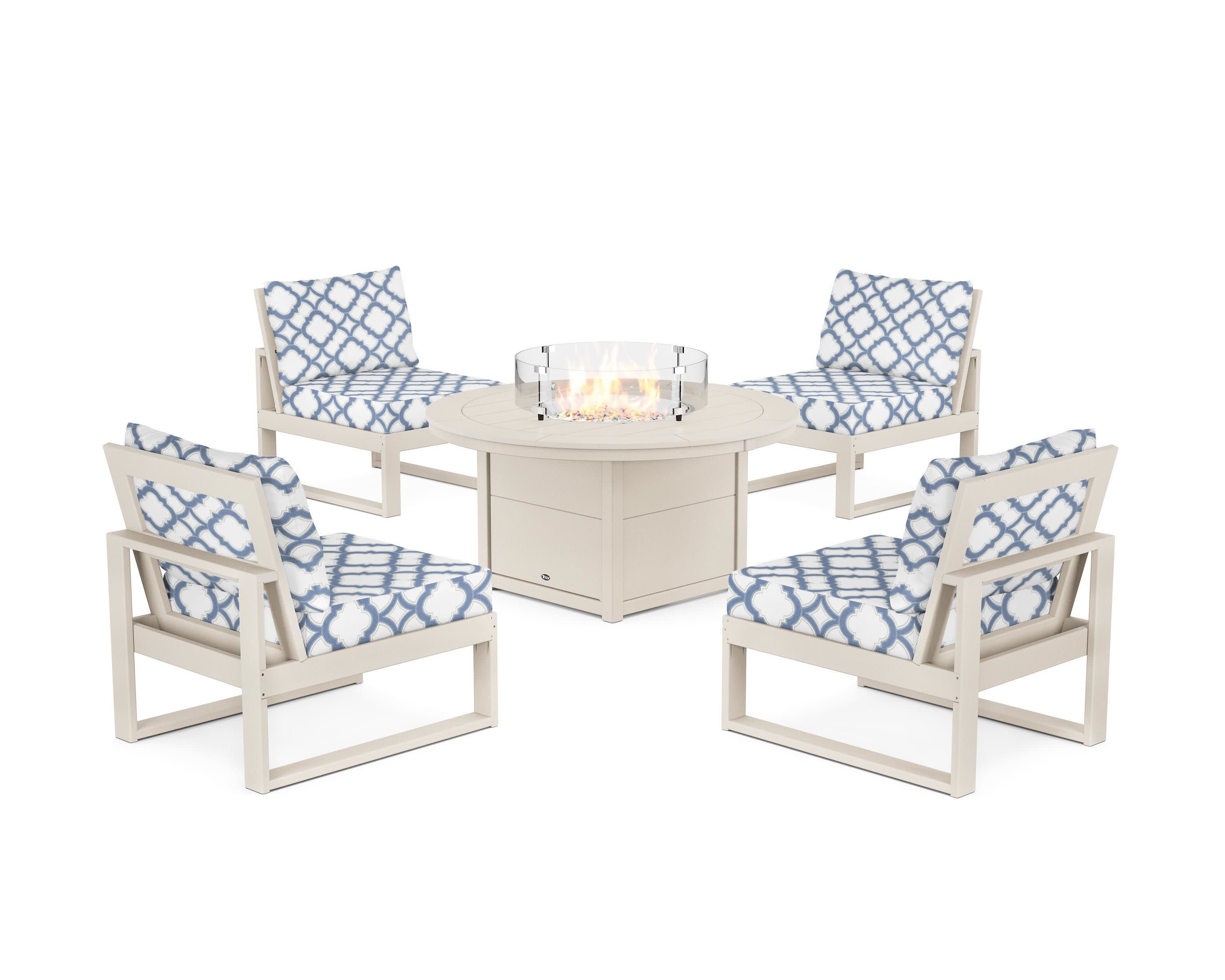 Eastport Modular 5-Piece Deep Seating Set with Round Fire Pit Table in Sand Castle / Trellis Sky Blue