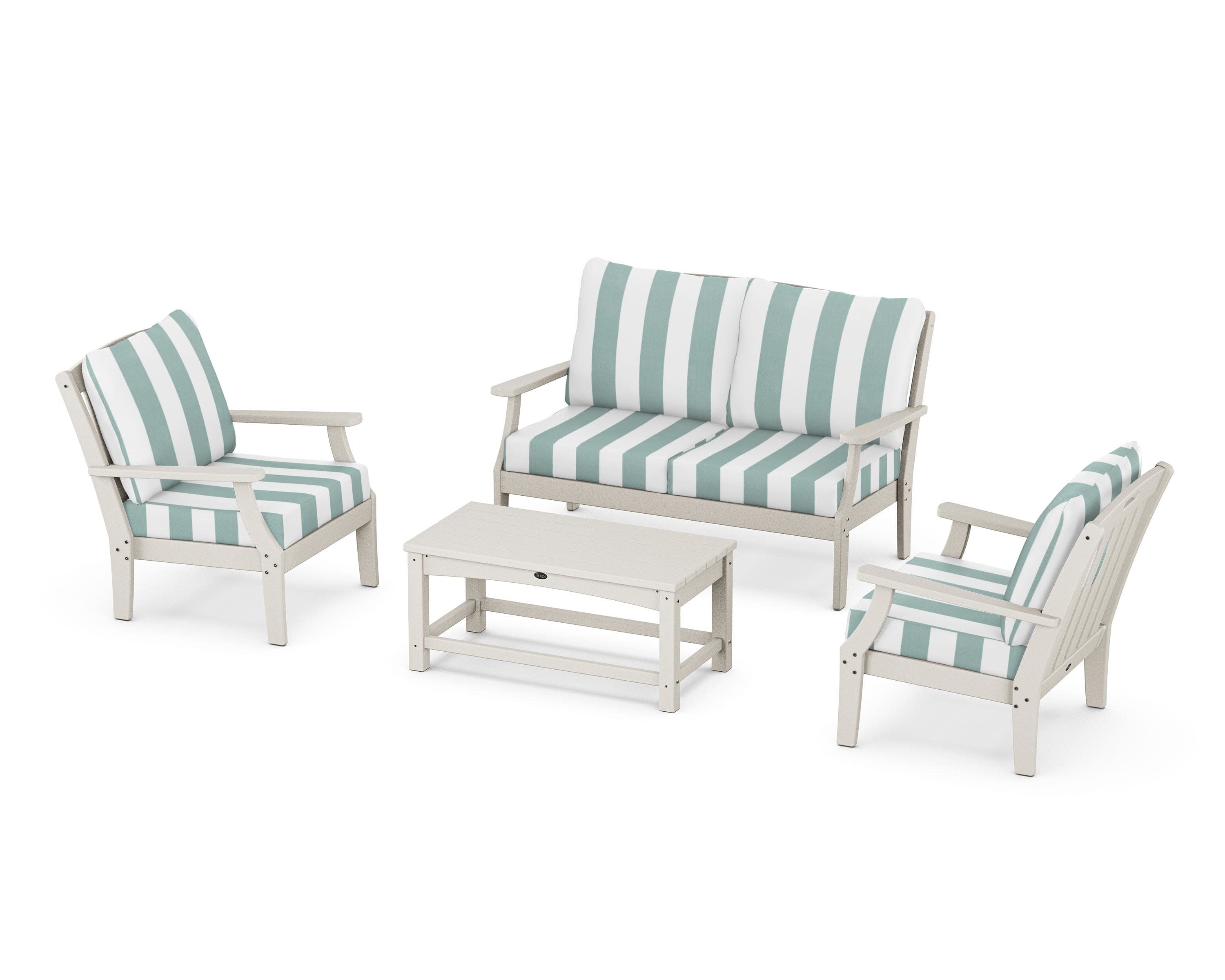 Yacht Club 4-Piece Deep Seating Chair Set in Sand Castle / Cabana Stripe Glacier Spa