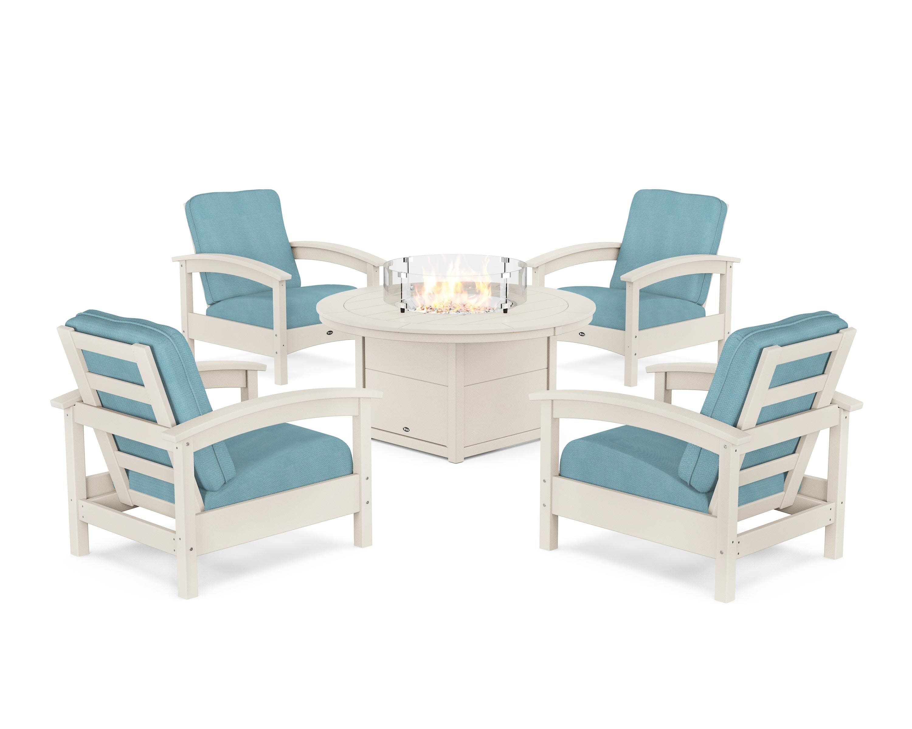 Rockport 5-Piece Deep Seating Set with Round Fire Pit Table in Sand Castle / Lattice Sky Blue