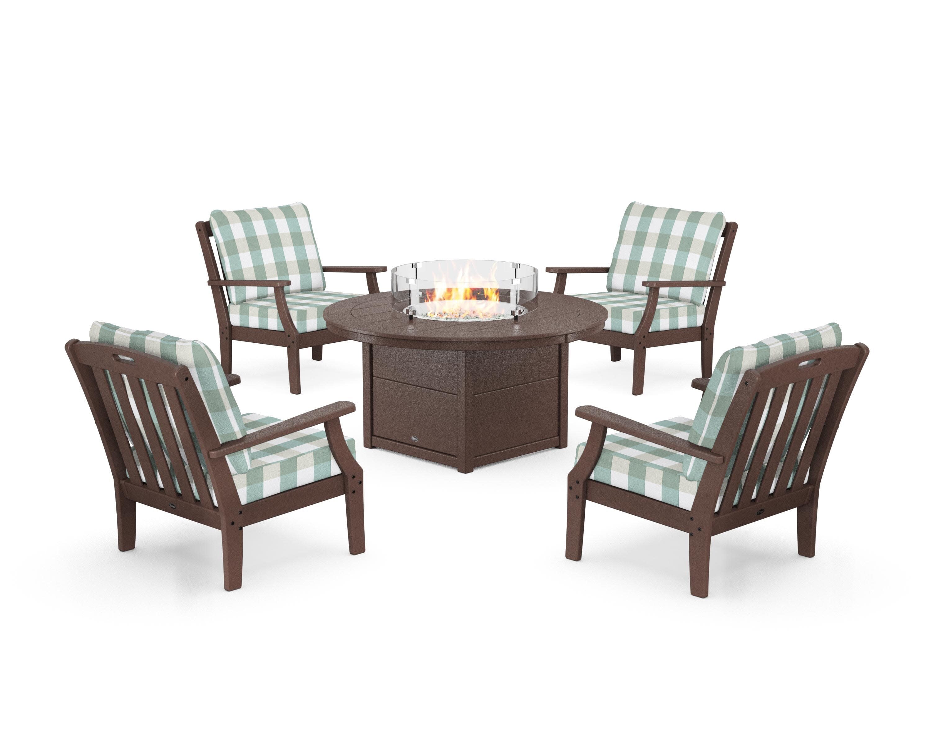 Yacht Club 5-Piece Deep Seating Set with Round Fire Pit Table in Vintage Lantern / Buffalo Plaid Glacier Spa