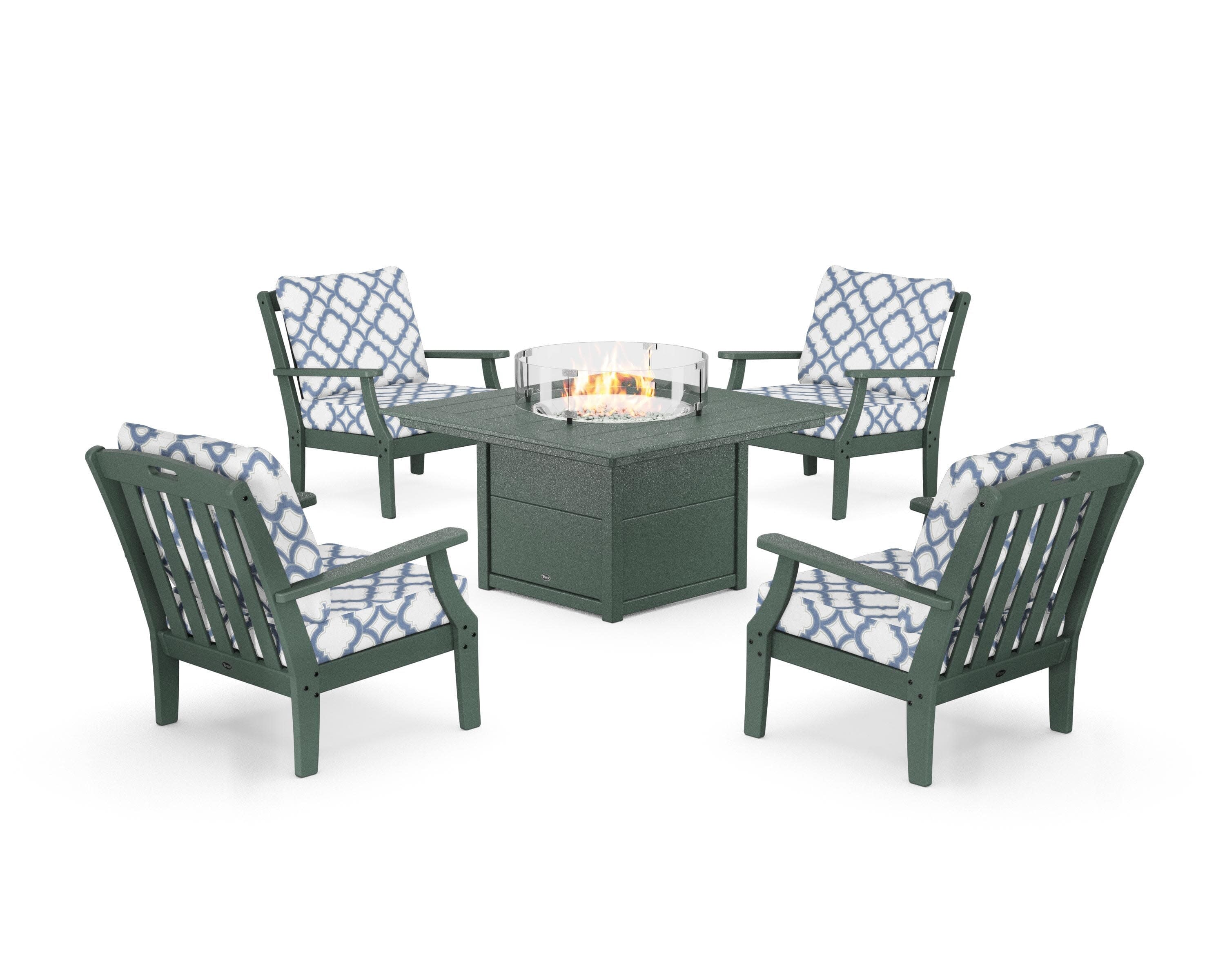 Yacht Club 5-Piece Deep Seating Set with Square Fire Pit Table in Rainforest Canopy / Trellis Sky Blue