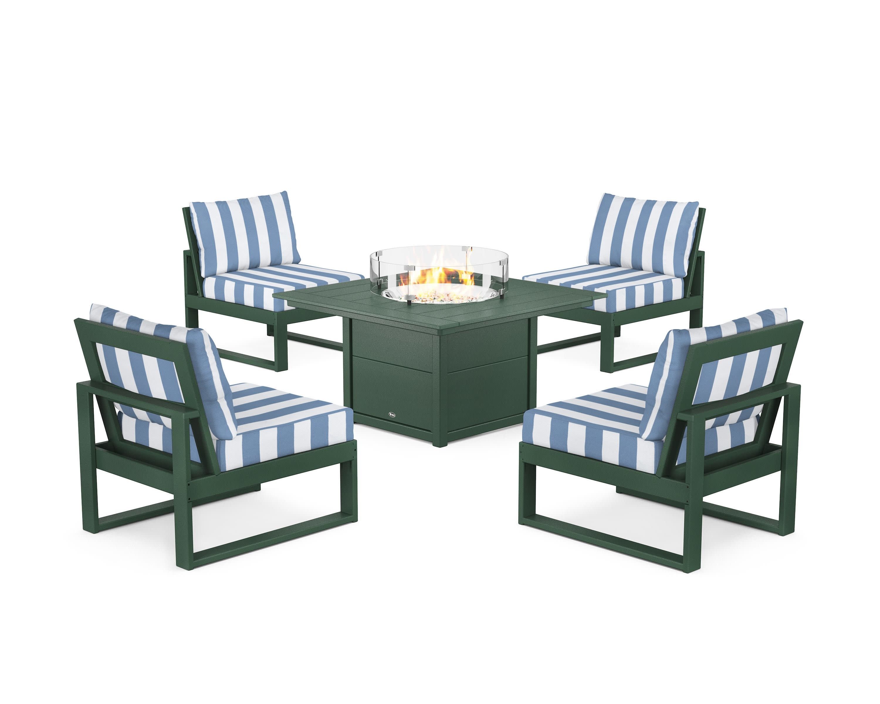 Eastport Modular 5-Piece Deep Seating Set with Square Fire Pit Table in Rainforest Canopy / Cabana Stripe Sky Blue