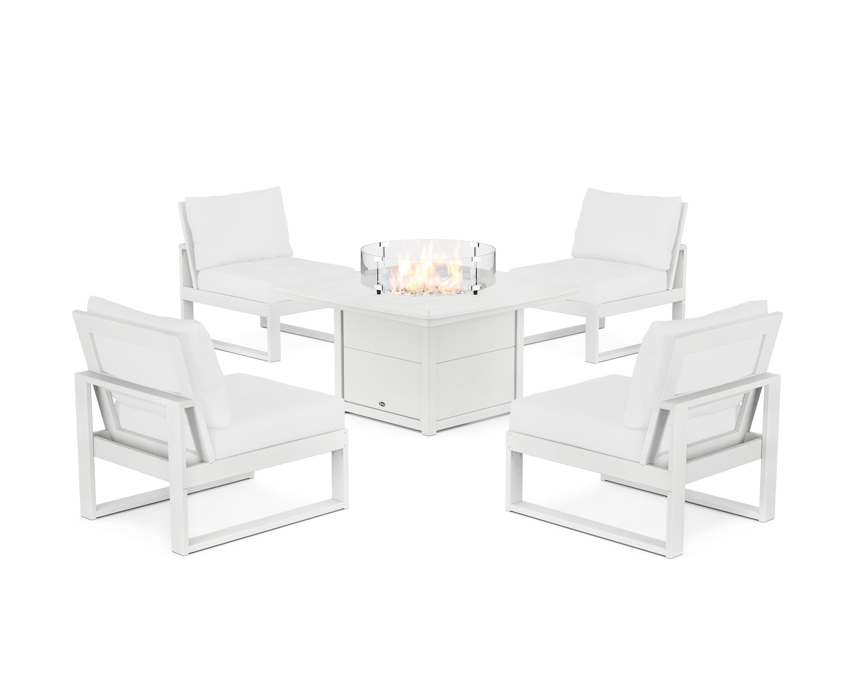 Eastport Modular 5-Piece Deep Seating Set with Yacht Club Fire Pit Table in Classic White / Natural