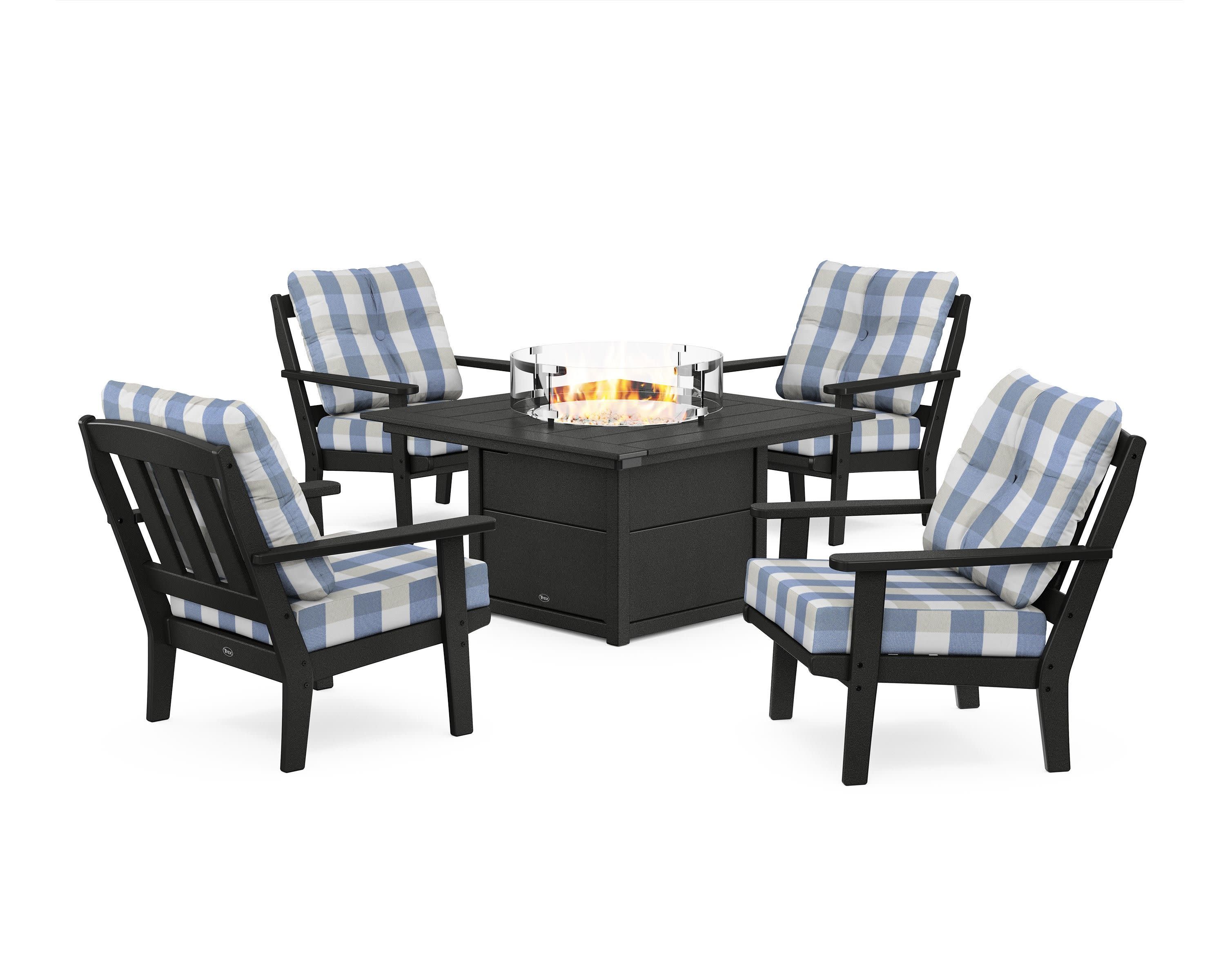 Cape Cod 5-Piece Deep Seating Set with Fire Pit Table in Charcoal Black / Buffalo Plaid Sky Blue