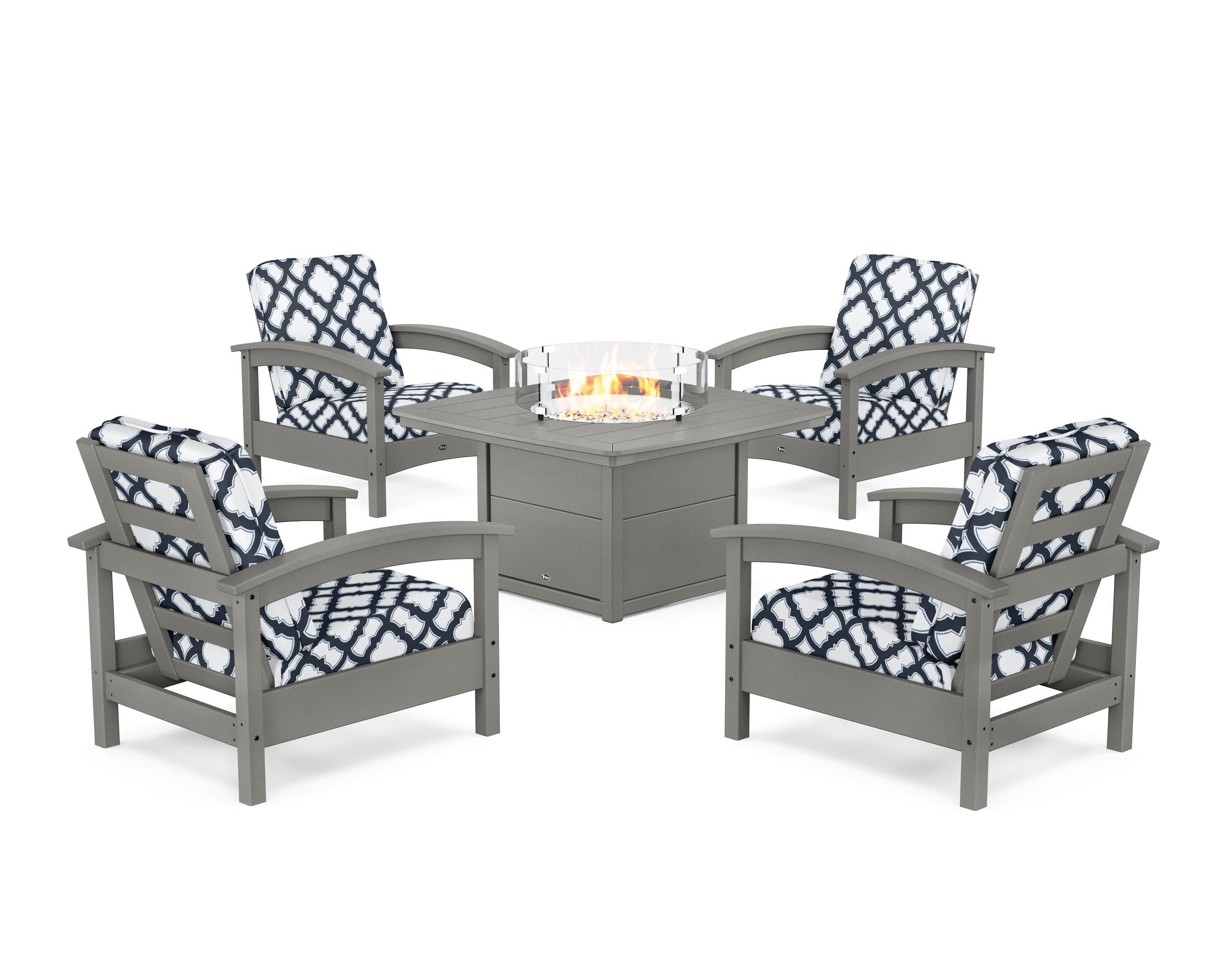 Rockport 5-Piece Deep Seating Set with Yacht Club Fire Pit Table in Stepping Stone / Trellis Marine Indigo