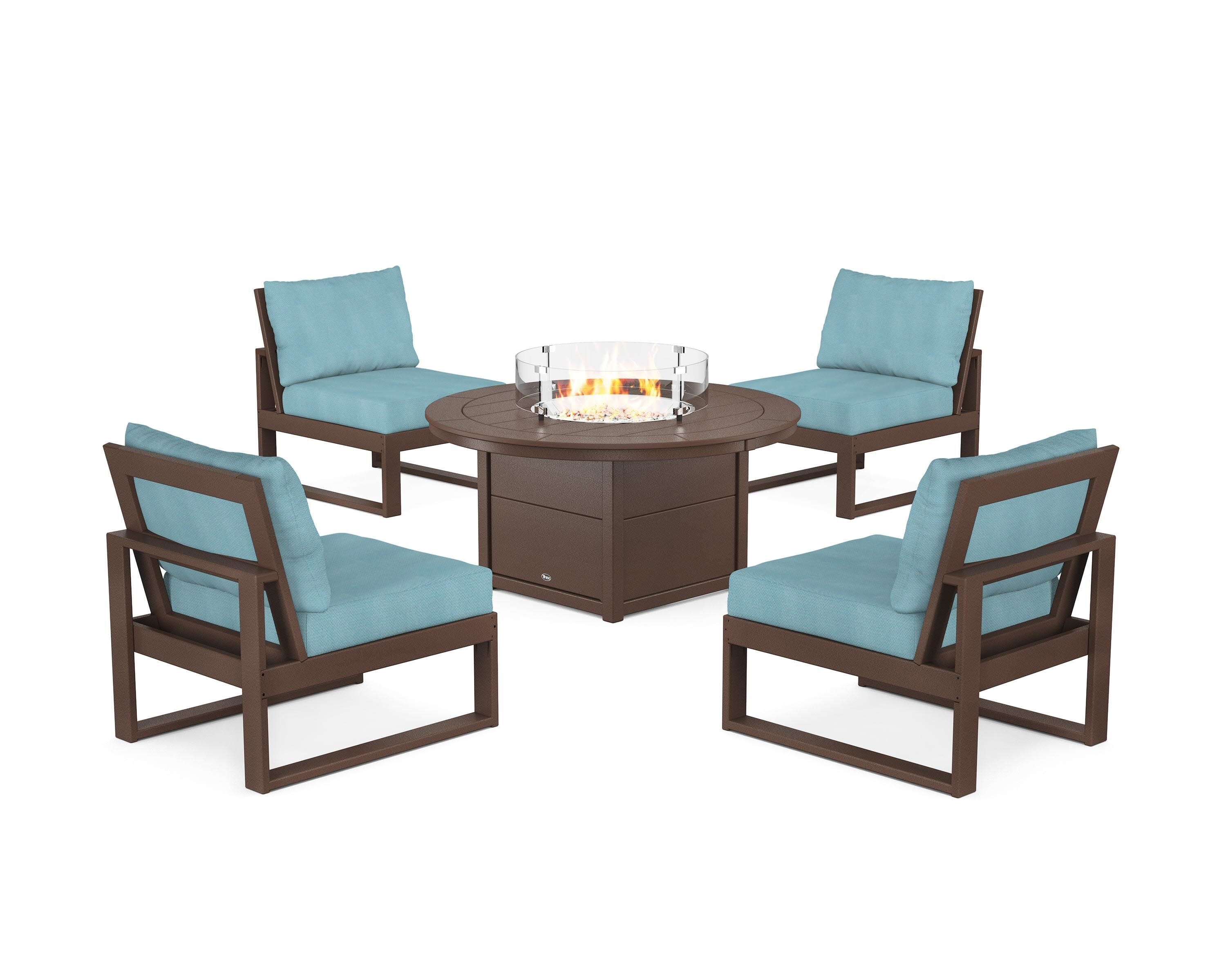 Eastport Modular 5-Piece Deep Seating Set with Round Fire Pit Table in Vintage Lantern / Lattice Sky Blue
