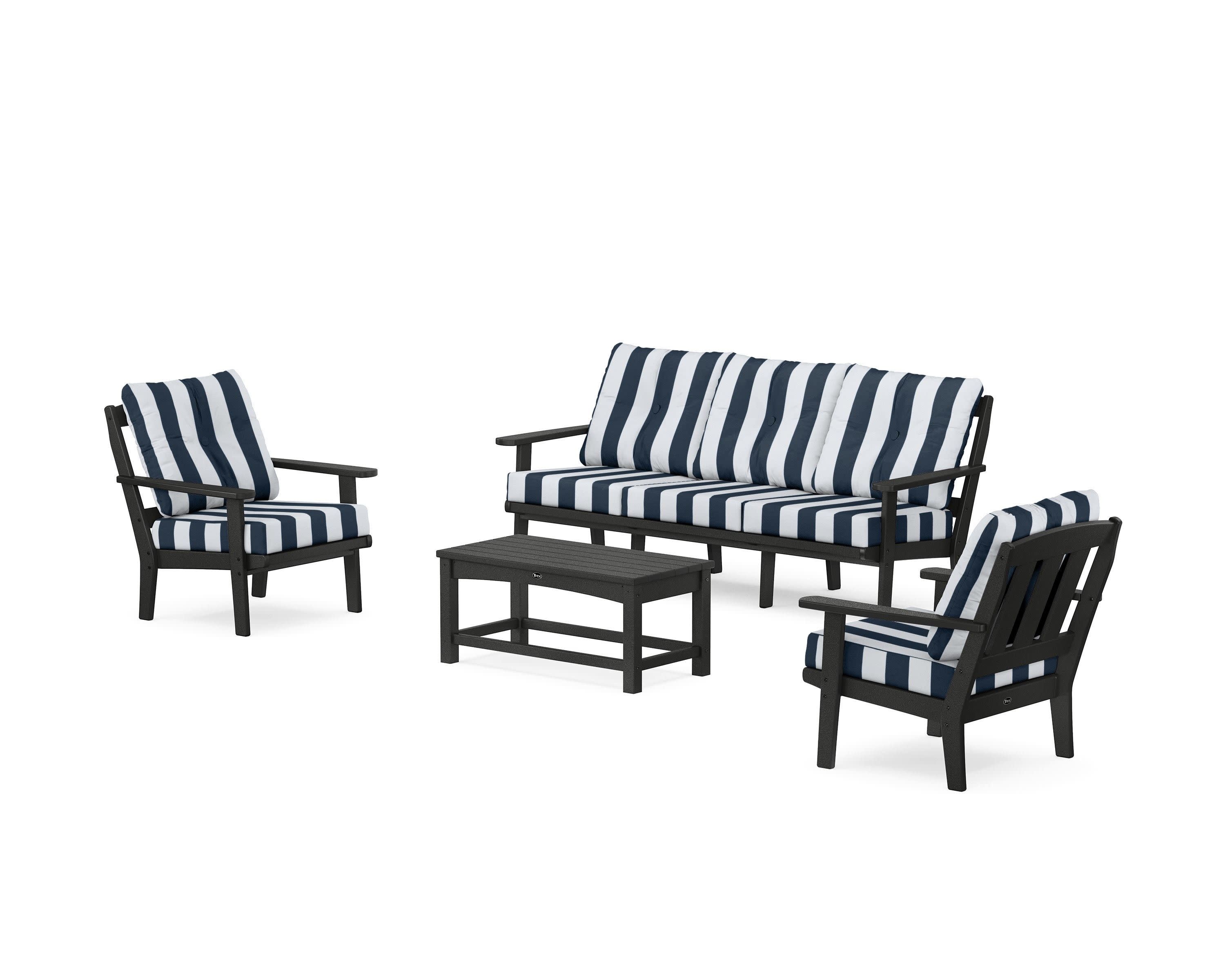 Cape Cod 4-Piece Deep Seating Set with Sofa in Charcoal Black / Cabana Stripe Marine Indigo
