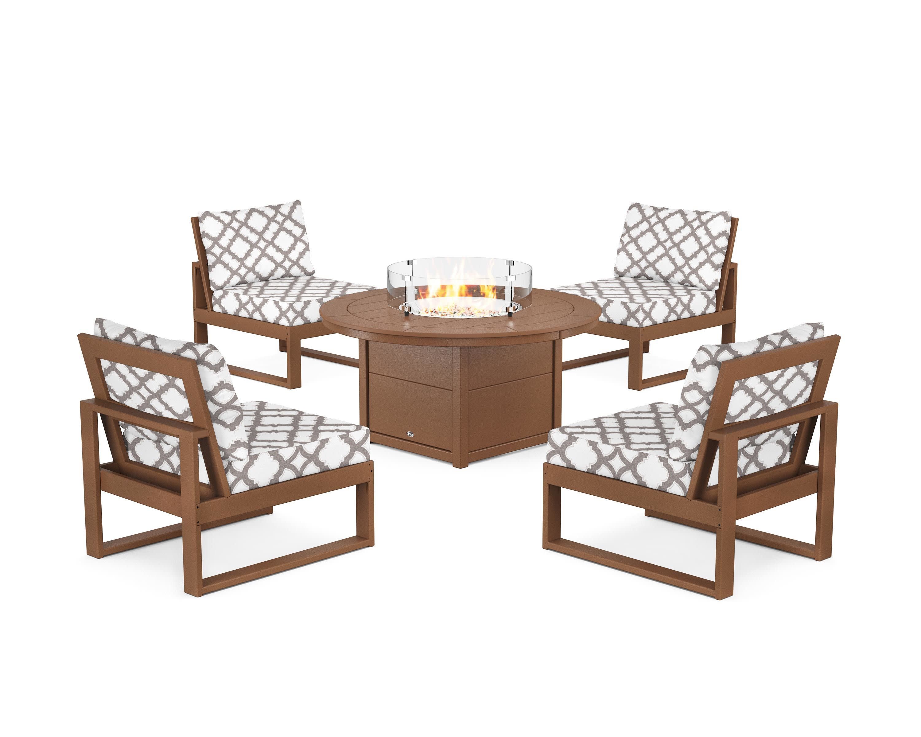 Eastport Modular 5-Piece Deep Seating Set with Round Fire Pit Table in Tree House / Trellis Grey Mist
